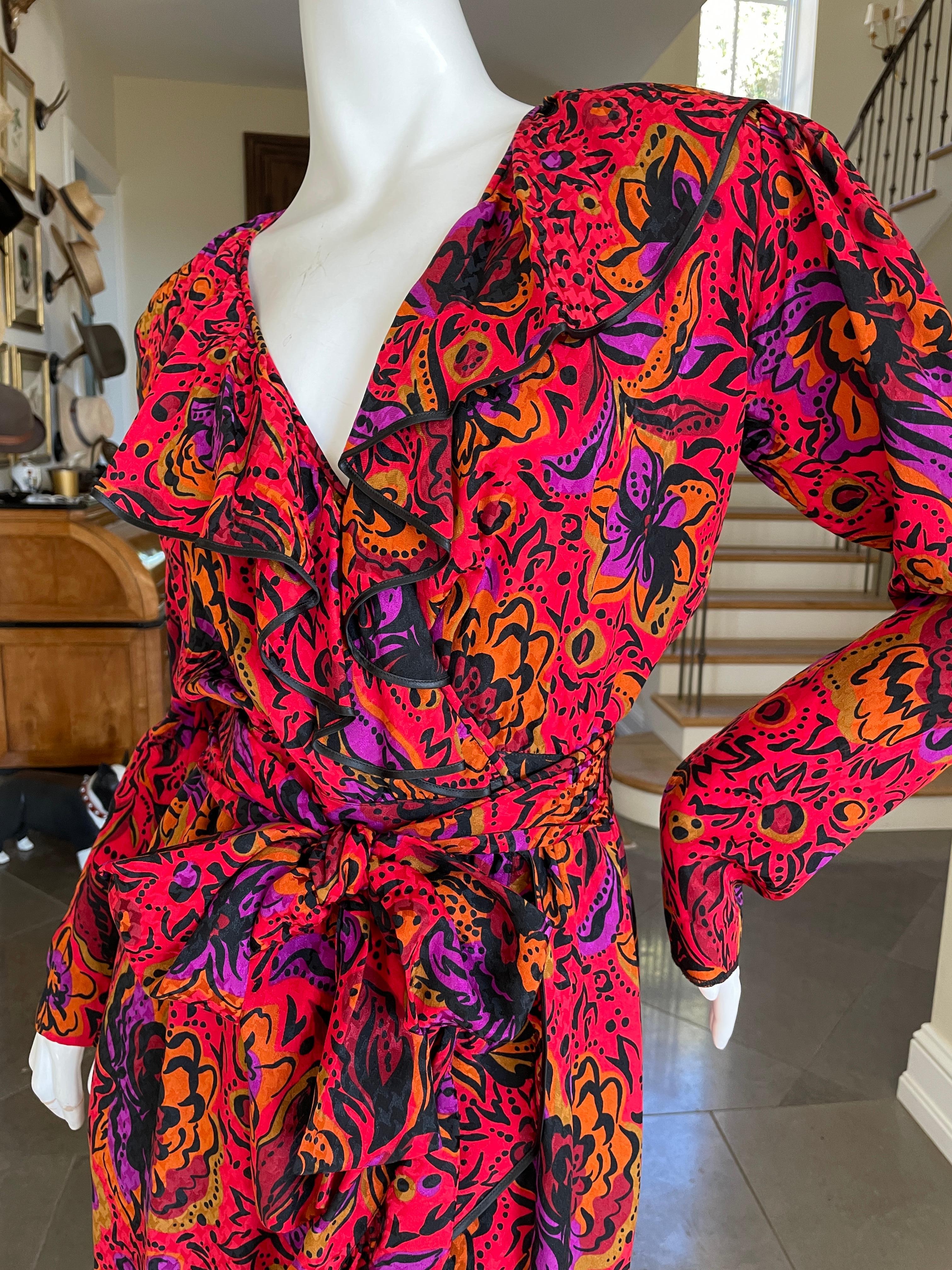 Yves Saint Laurent Rive Gauche 70's Ruffle Silk Floral Wrap Dress with Sash Belt In Excellent Condition For Sale In Cloverdale, CA