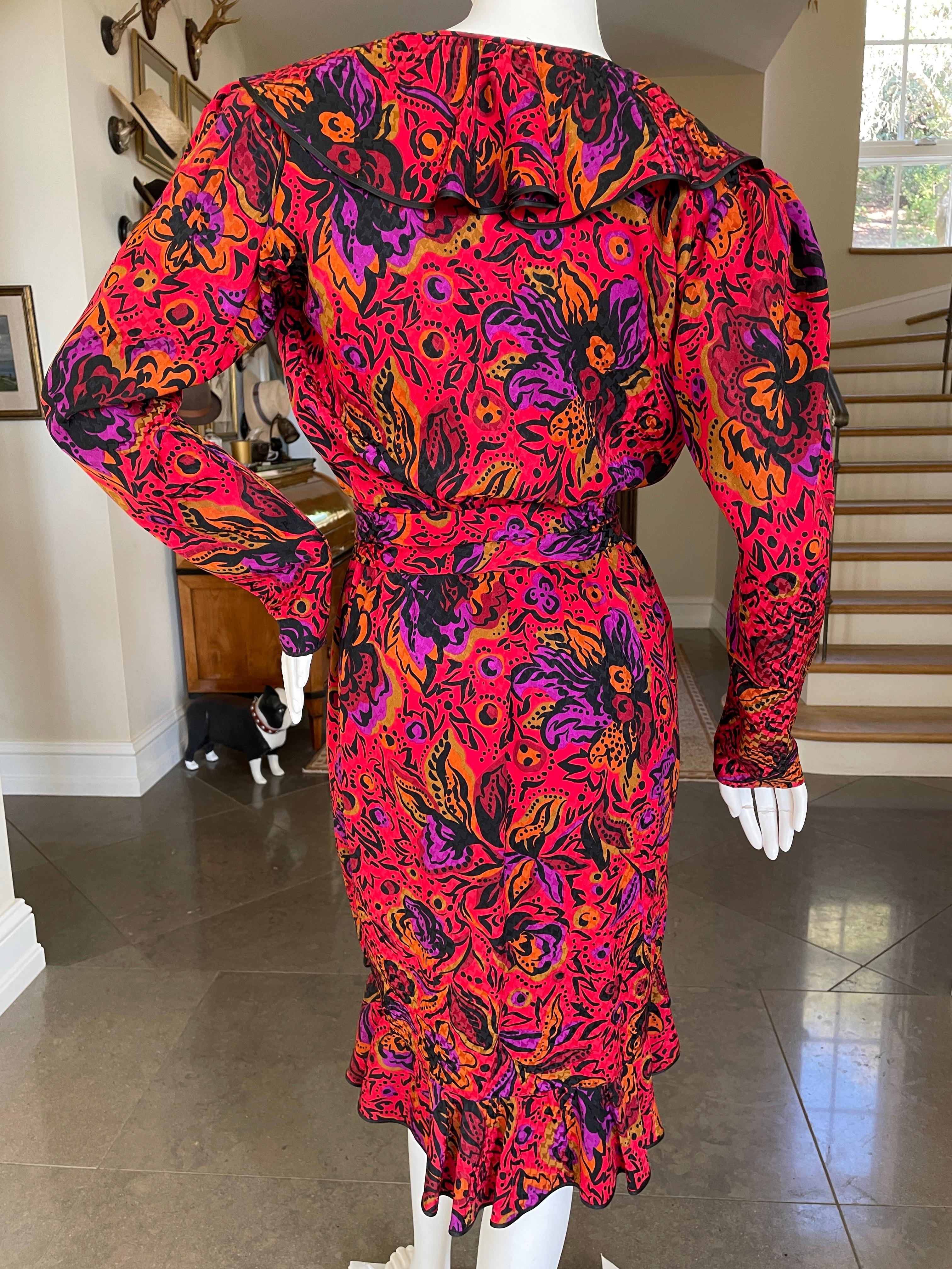 Women's Yves Saint Laurent Rive Gauche 70's Ruffle Silk Floral Wrap Dress with Sash Belt For Sale