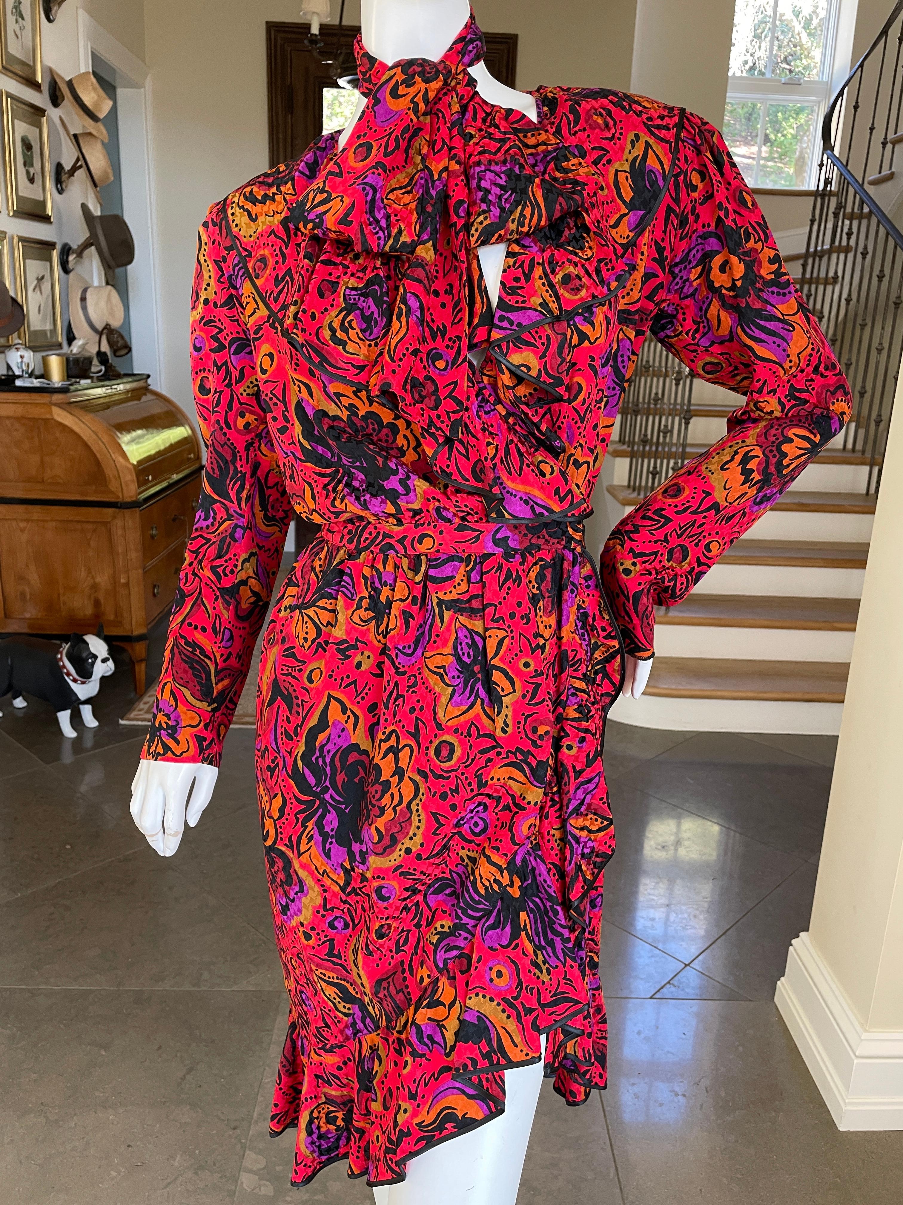 Yves Saint Laurent Rive Gauche 70's Ruffle Silk Floral Wrap Dress with Sash Belt For Sale 1