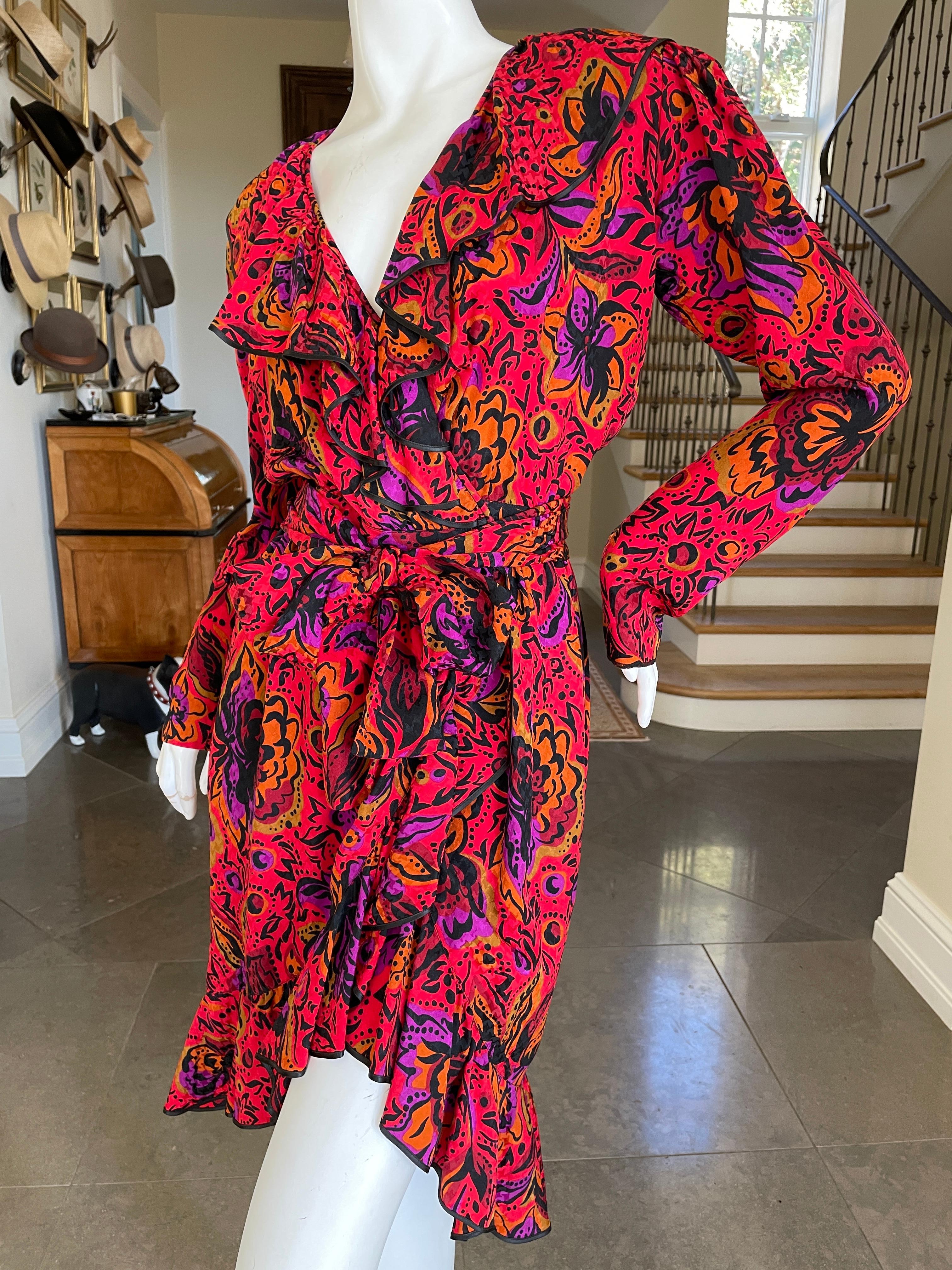 Yves Saint Laurent Rive Gauche 70's Ruffle Silk Floral Wrap Dress with Sash Belt For Sale 3