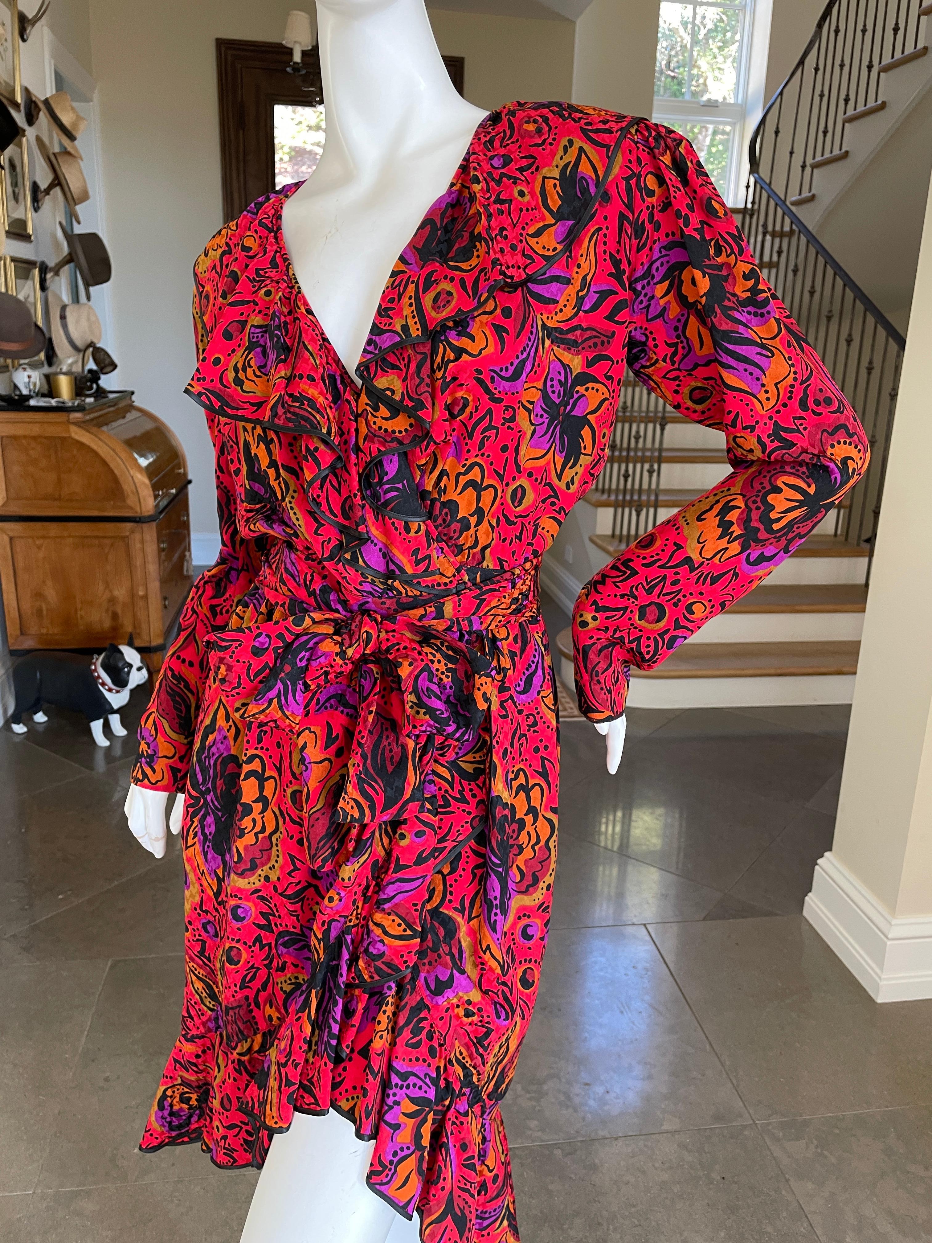 Yves Saint Laurent Rive Gauche 70's Ruffle Silk Floral Wrap Dress with Sash Belt For Sale 4