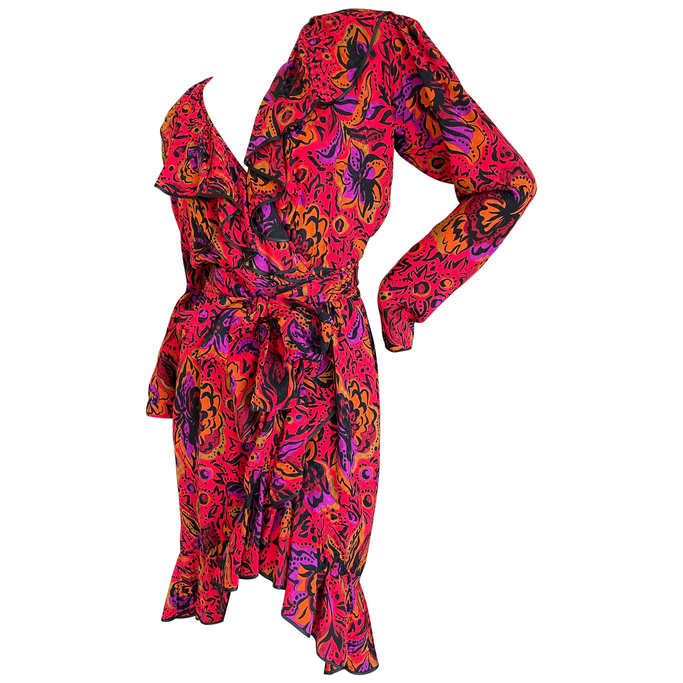 Yves Saint Laurent Rive Gauche 70's Ruffle Silk Floral Wrap Dress with Sash Belt For Sale