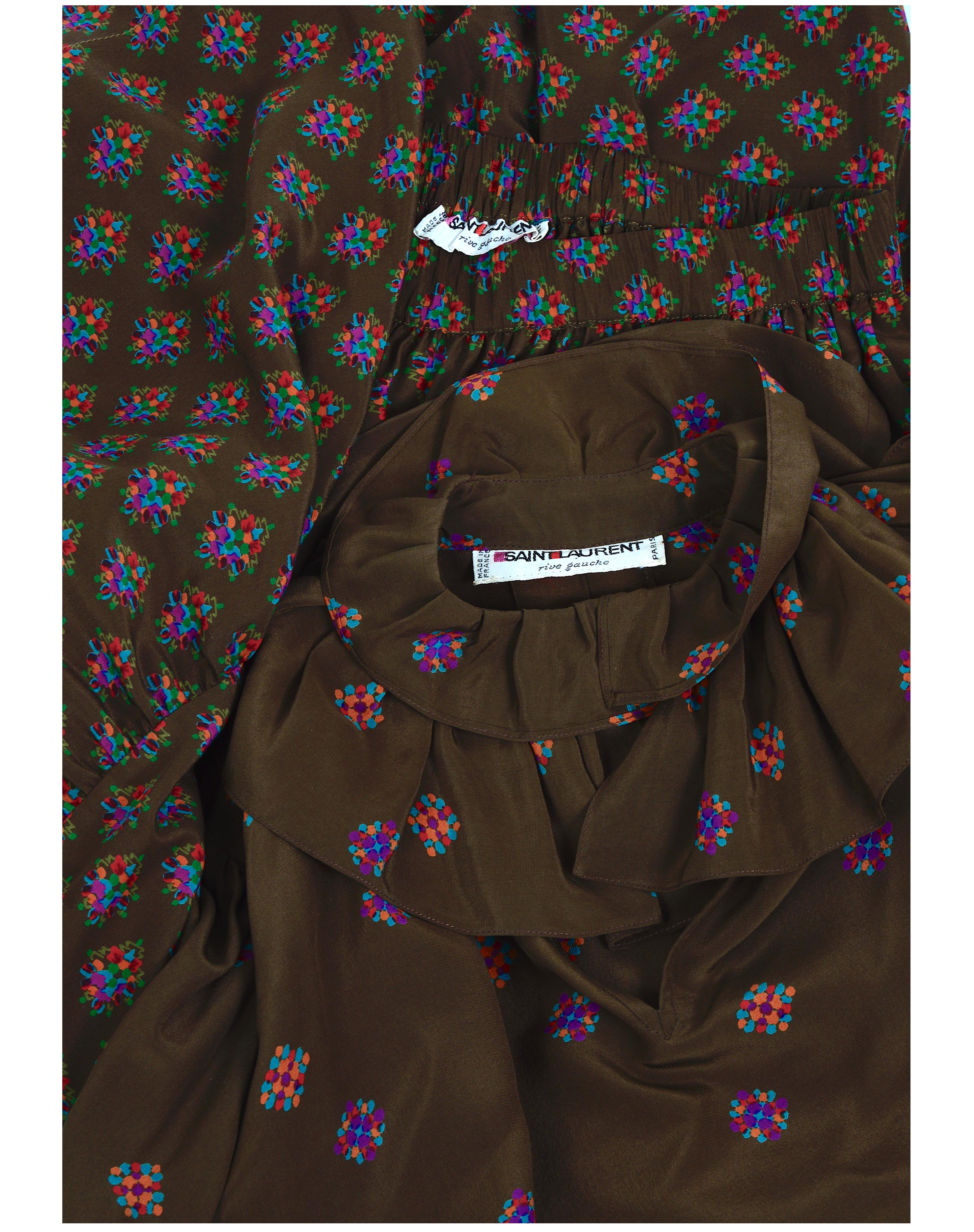 Yves Saint Laurent rive gauche 70s vintage brown silk crepe floral set  For Sale 5
