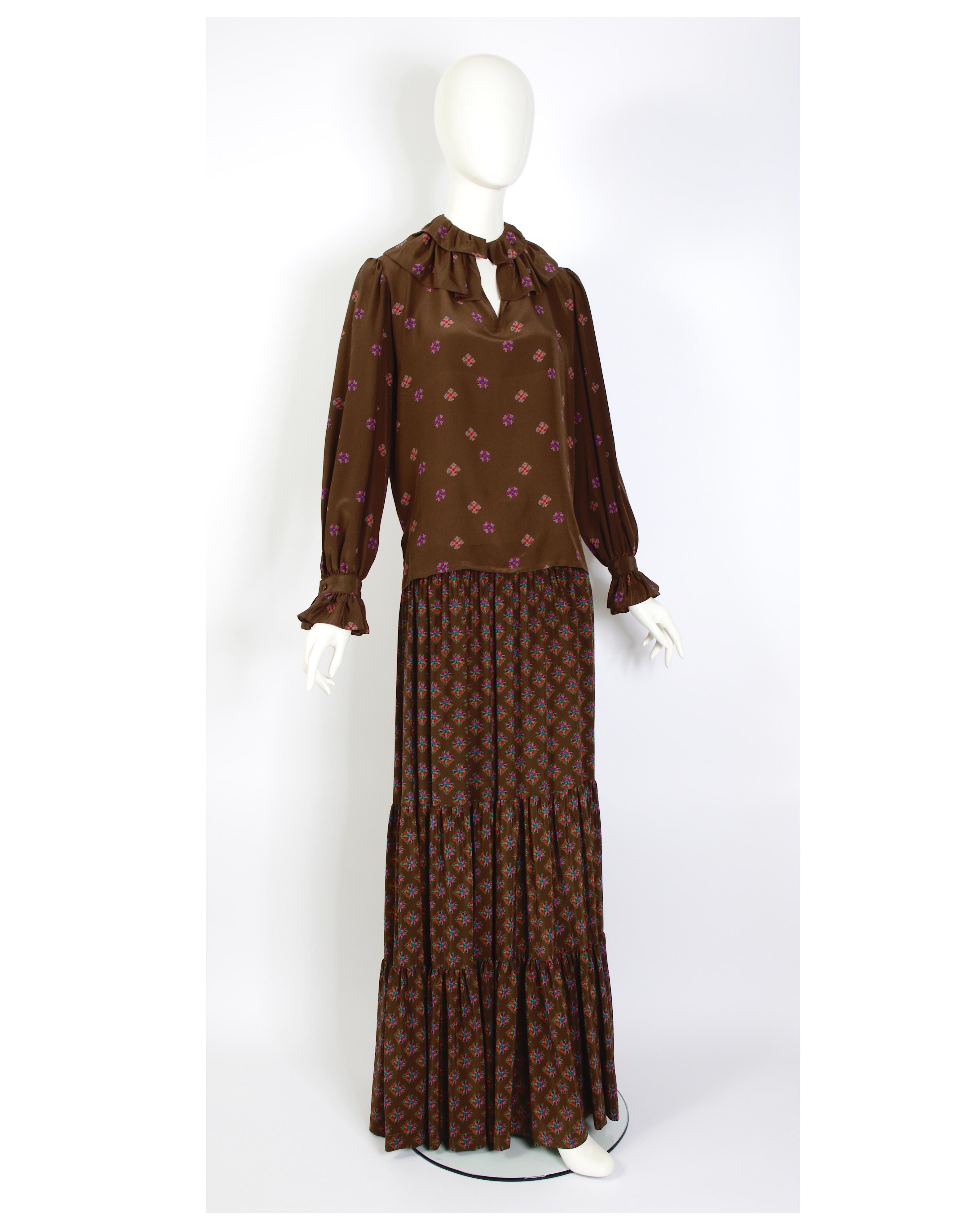 Black Yves Saint Laurent rive gauche 70s vintage brown silk crepe floral set  For Sale