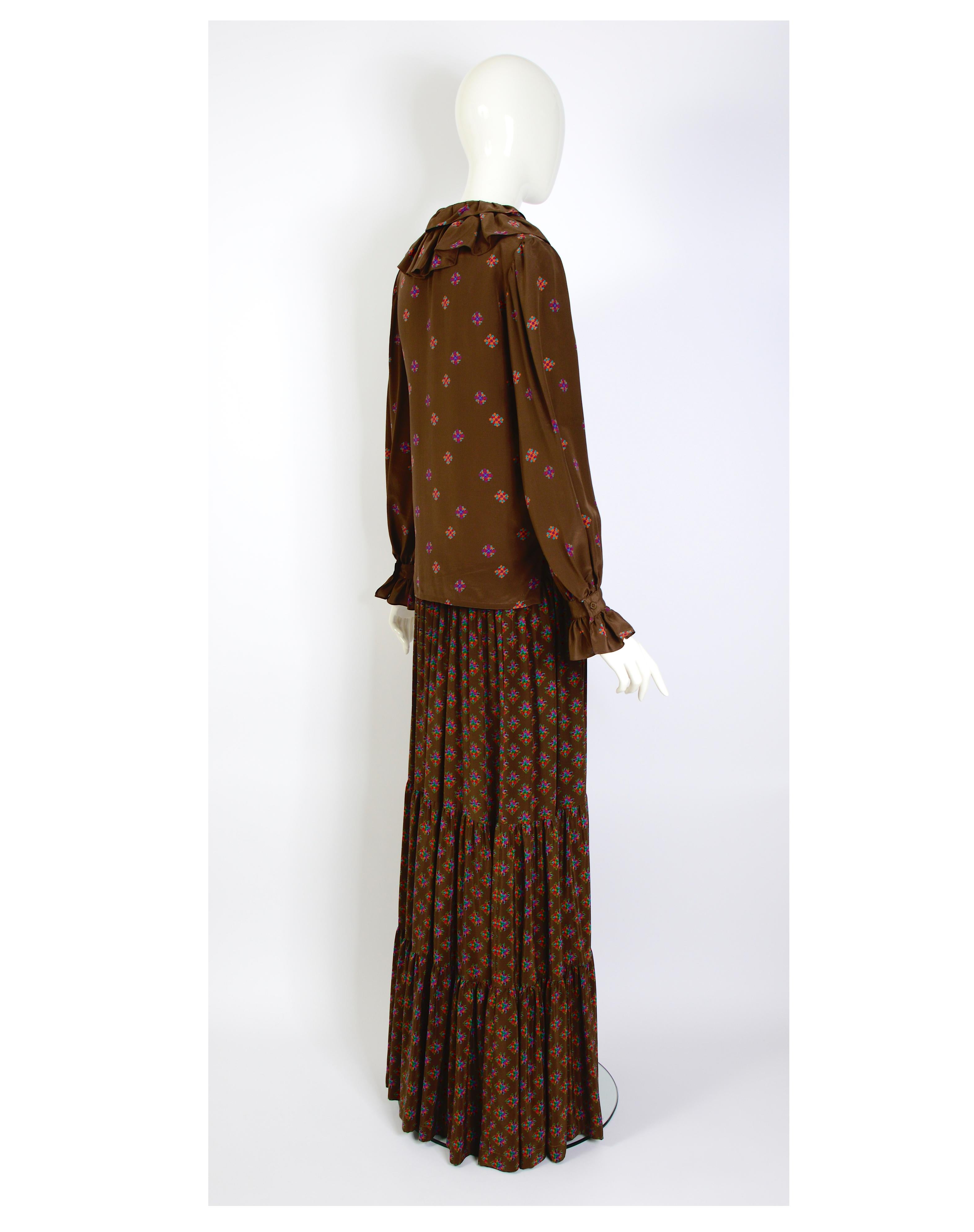 Women's Yves Saint Laurent rive gauche 70s vintage brown silk crepe floral set  For Sale