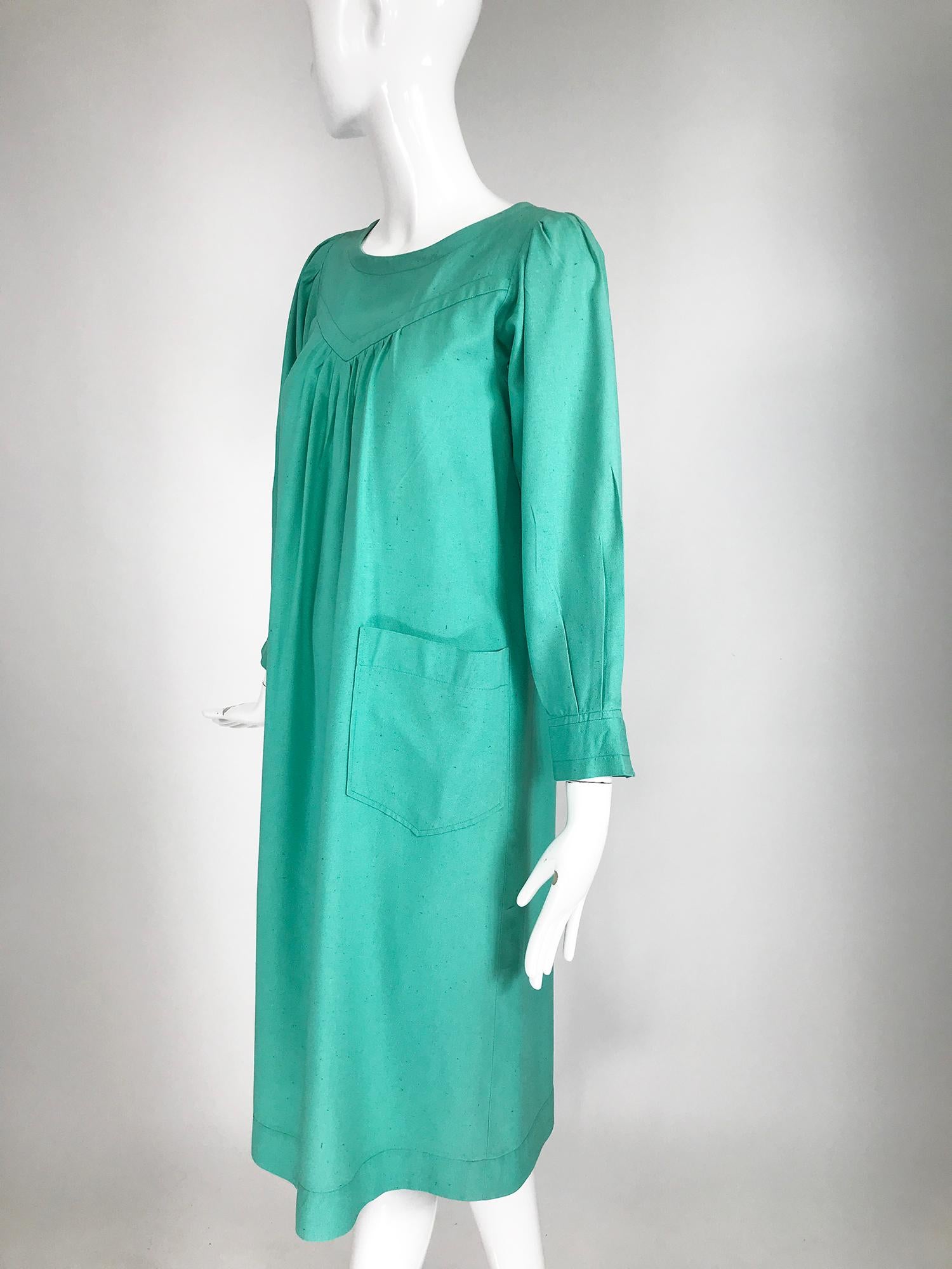 Yves Saint Laurent Rive Gauche Aqua Slub Silk Smock Dress 1970s 5