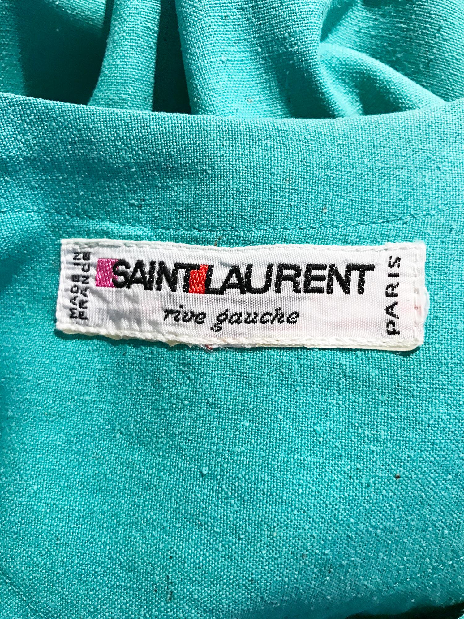 Yves Saint Laurent Rive Gauche Aqua Slub Silk Smock Dress 1970s 10
