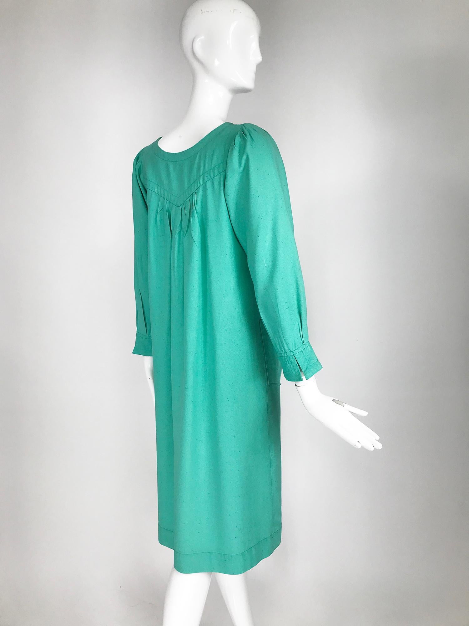 Yves Saint Laurent Rive Gauche Aqua Slub Silk Smock Dress 1970s In Good Condition In West Palm Beach, FL
