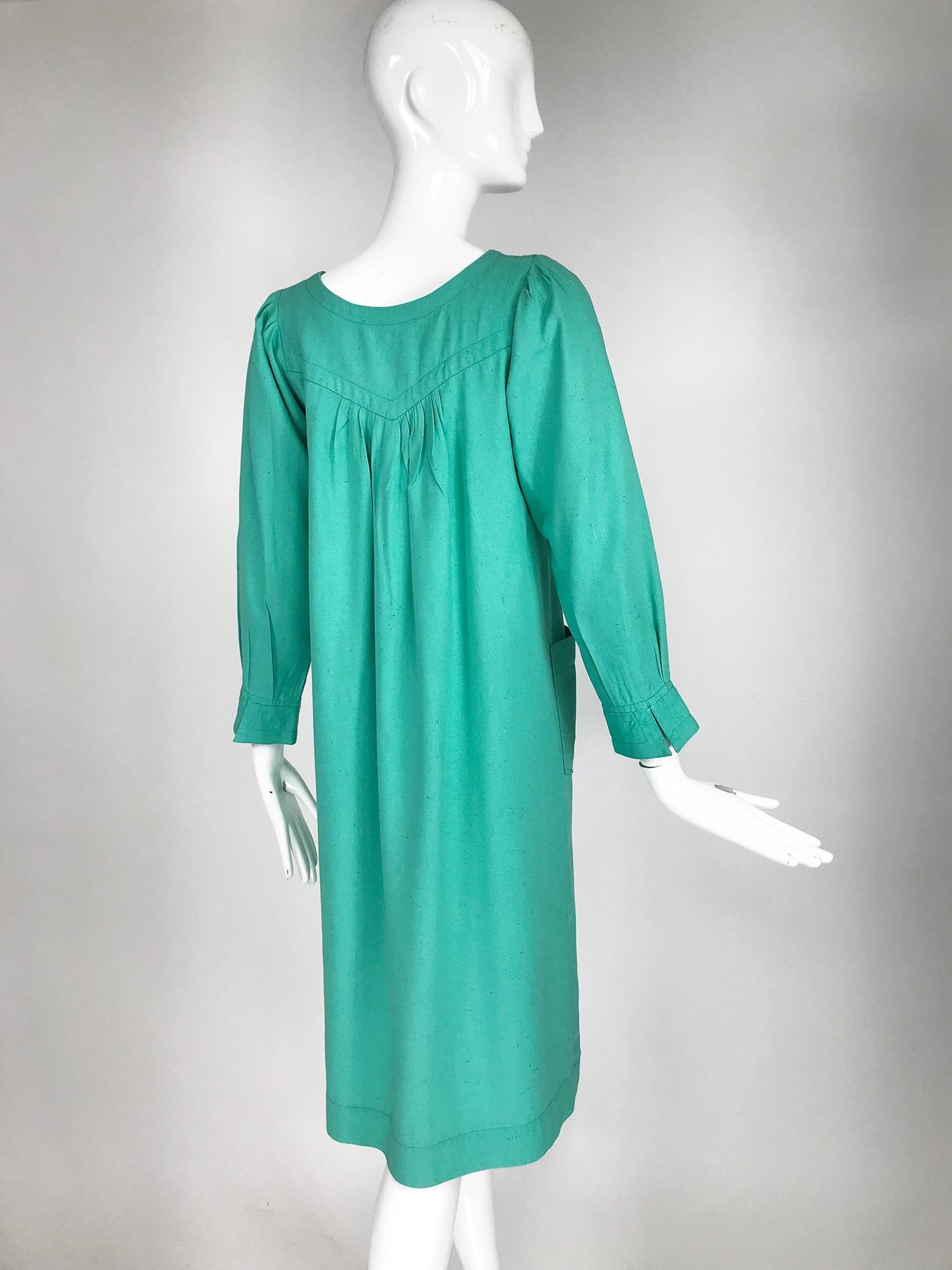 Women's Yves Saint Laurent Rive Gauche Aqua Slub Silk Smock Dress 1970s