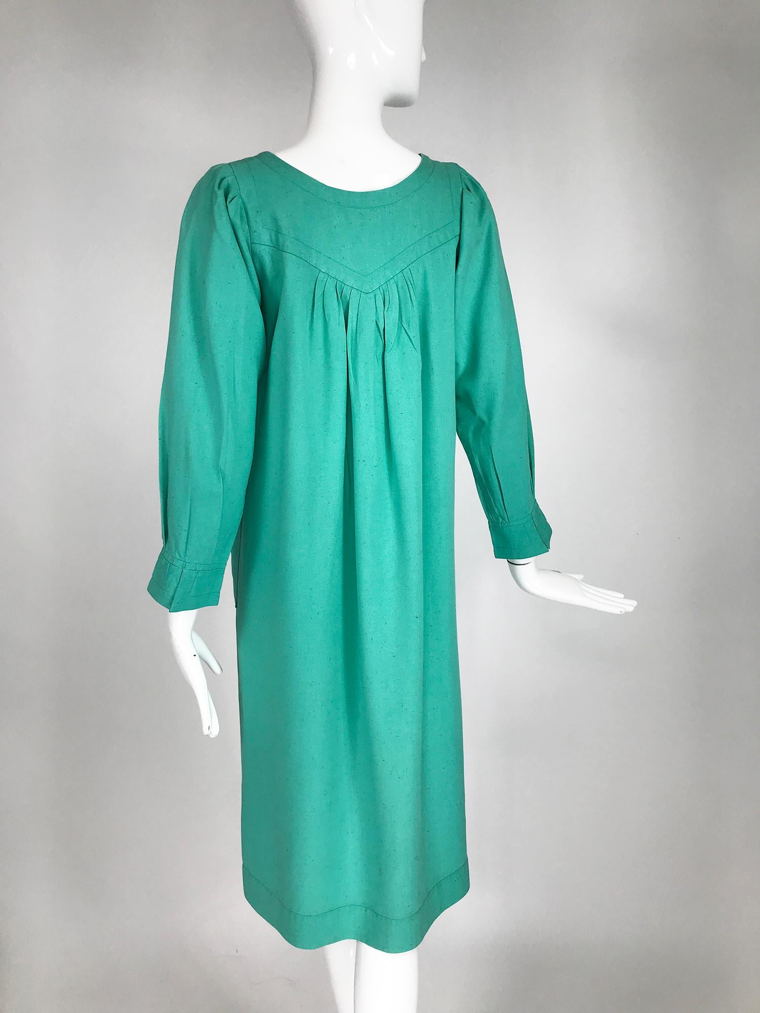 Yves Saint Laurent Rive Gauche Aqua Slub Silk Smock Dress 1970s 1