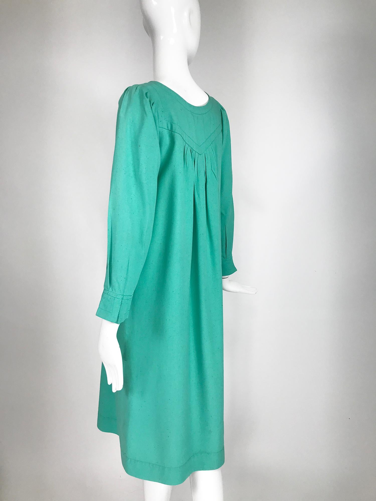 Yves Saint Laurent Rive Gauche Aqua Slub Silk Smock Dress 1970s 2