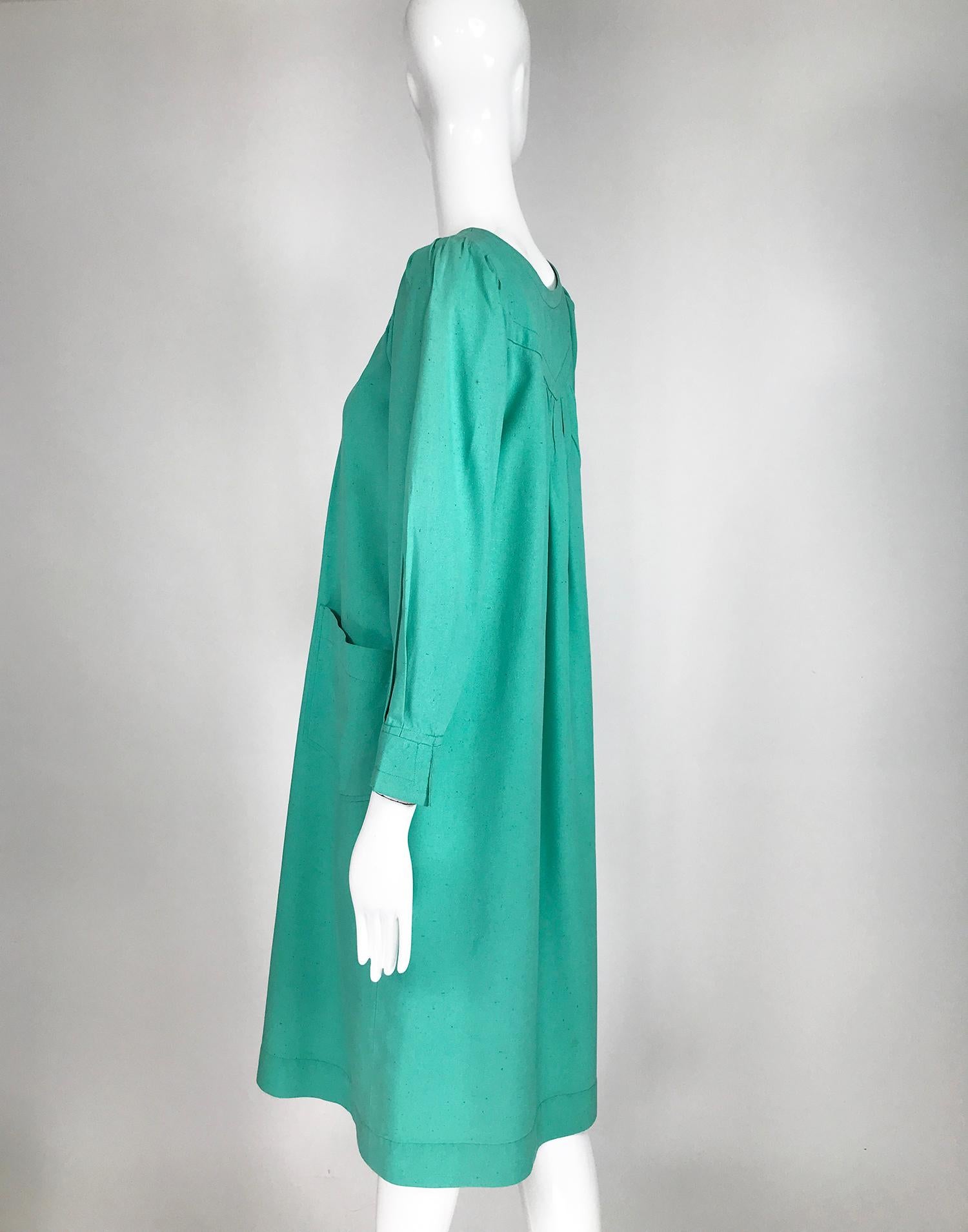 Yves Saint Laurent Rive Gauche Aqua Slub Silk Smock Dress 1970s 3