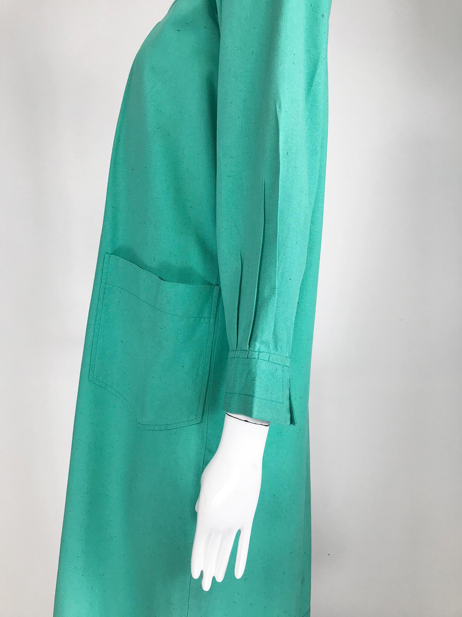 Yves Saint Laurent Rive Gauche Aqua Slub Silk Smock Dress 1970s 4
