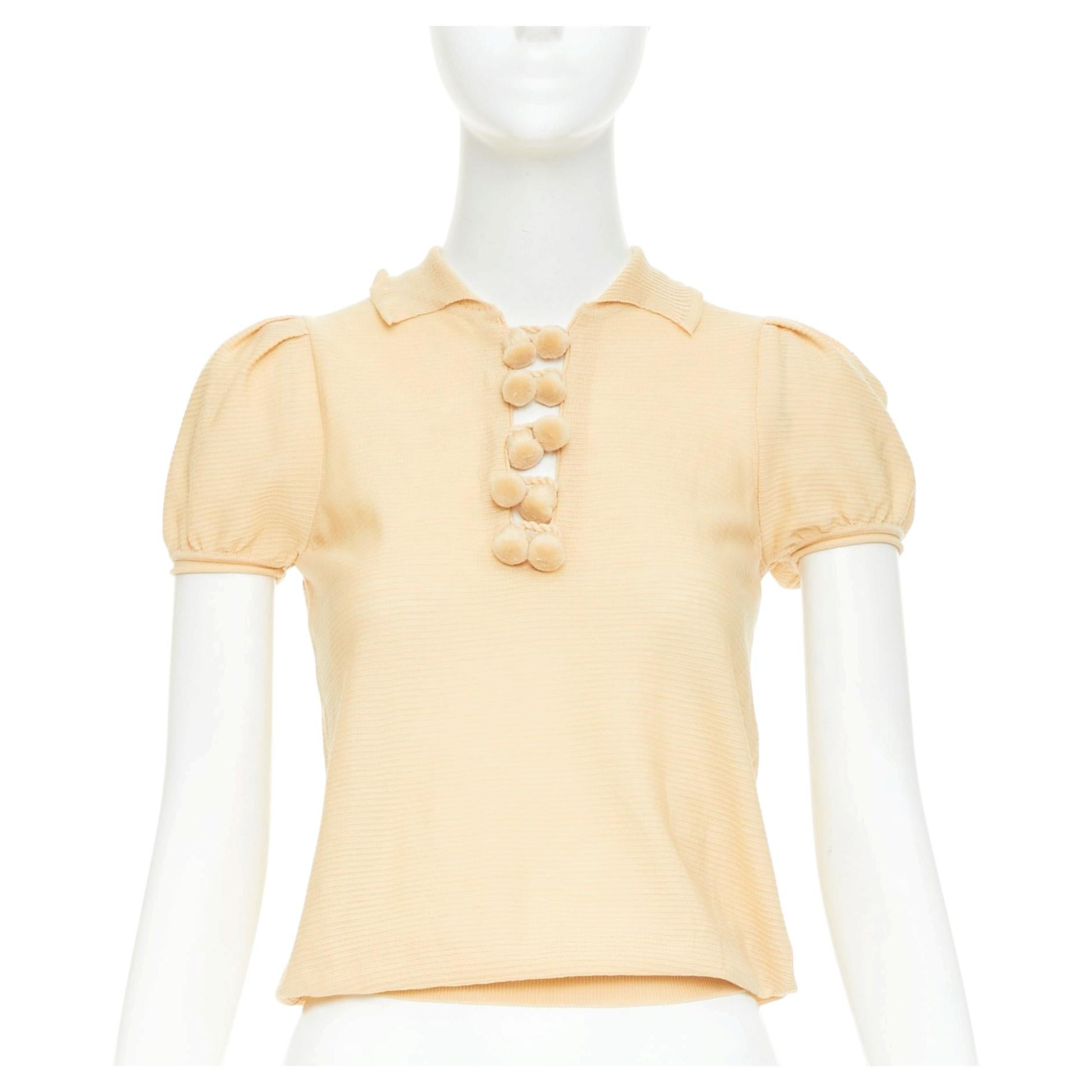 YVES SAINT LAURENT Rive Gauche beige wool pom pom button puff sleeve blouse XS
