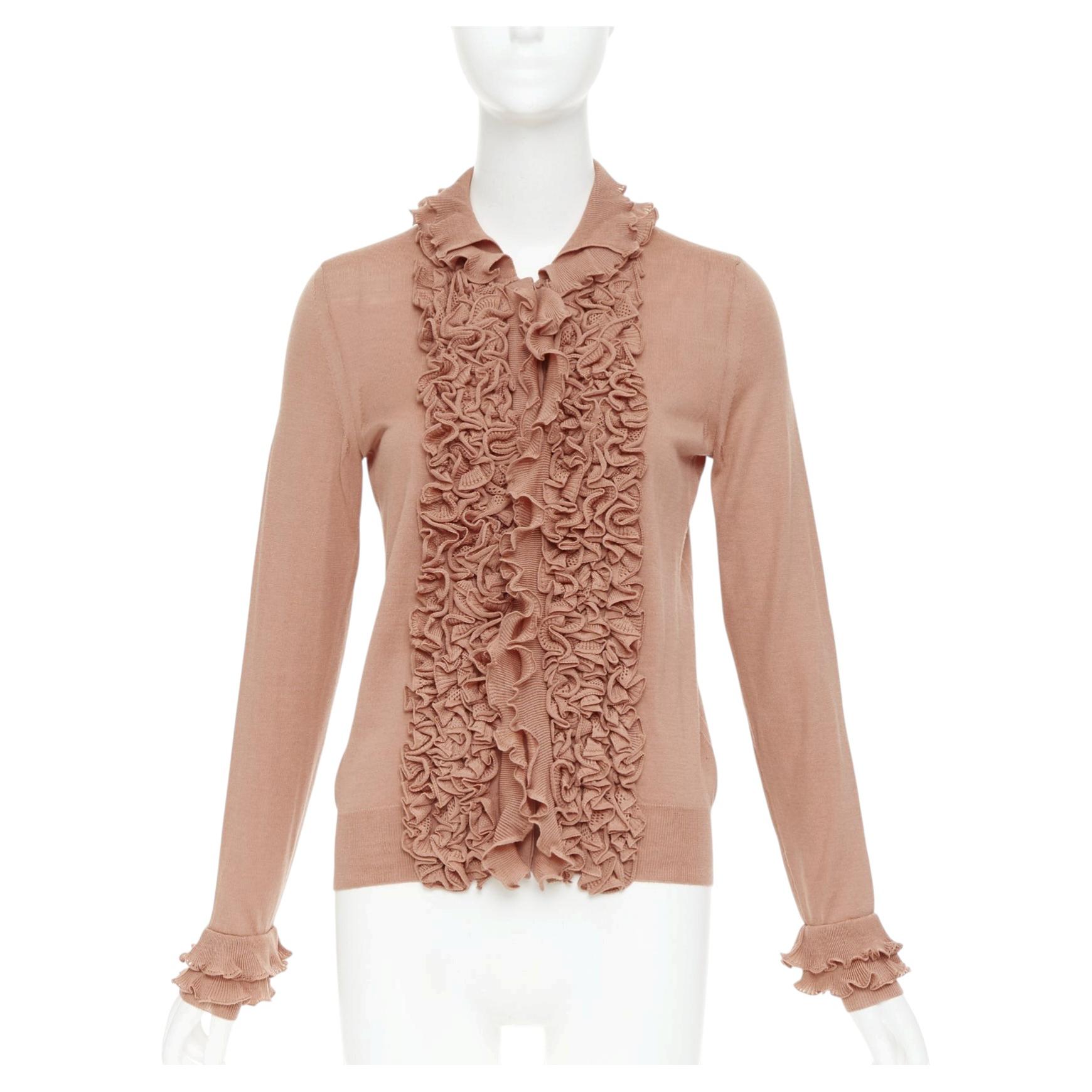 Yves Saint Laurent Rive Gauche Strickjacke aus beiger Wolle mit Rüschen und gestuften Bündchen, Größe XS