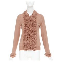 Yves Saint Laurent Rive Gauche Strickjacke aus beiger Wolle mit Rüschen und gestuften Bündchen, Größe XS