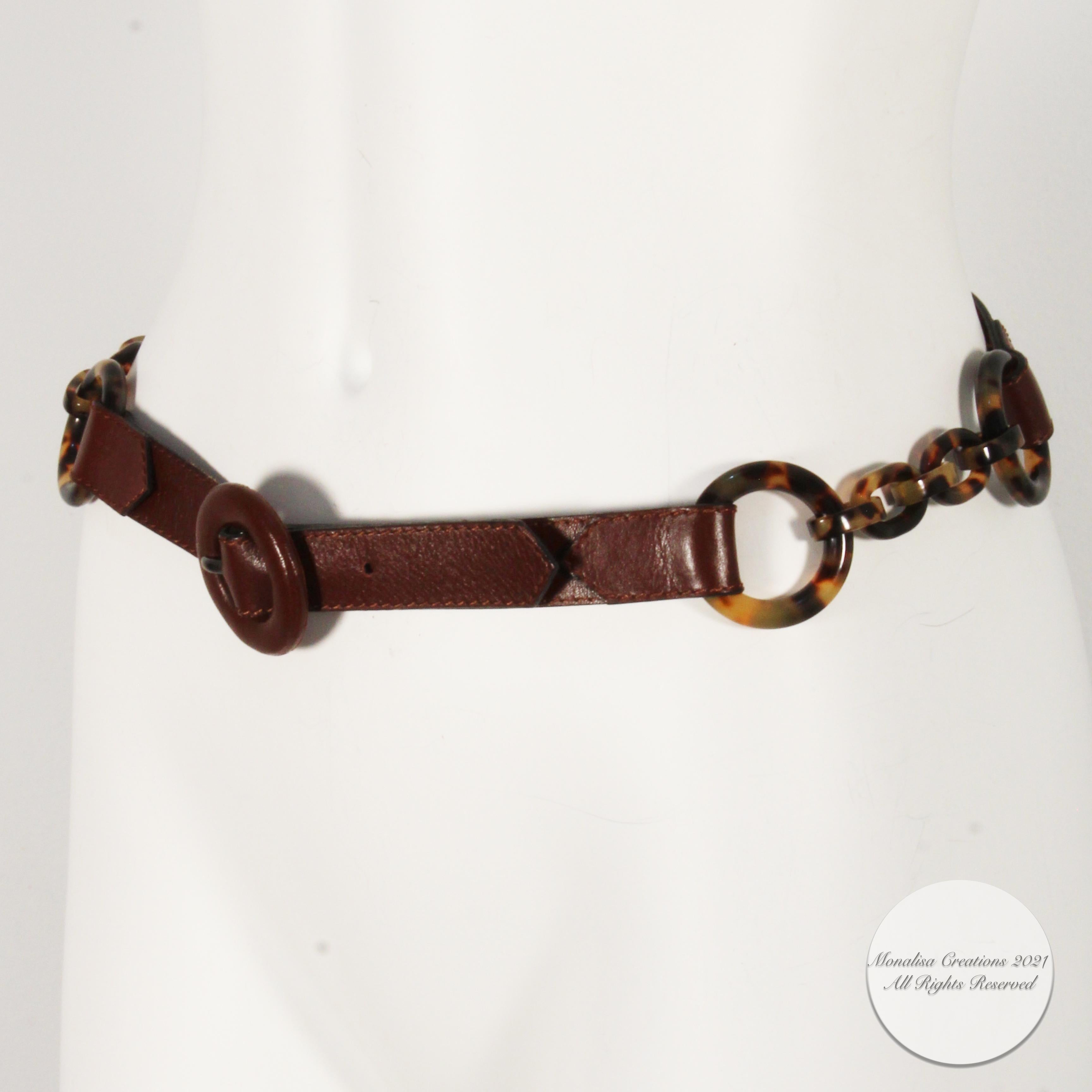 Yves Saint Laurent Rive Gauche Belt Leather and Tortoise Rings Vintage Rare  3