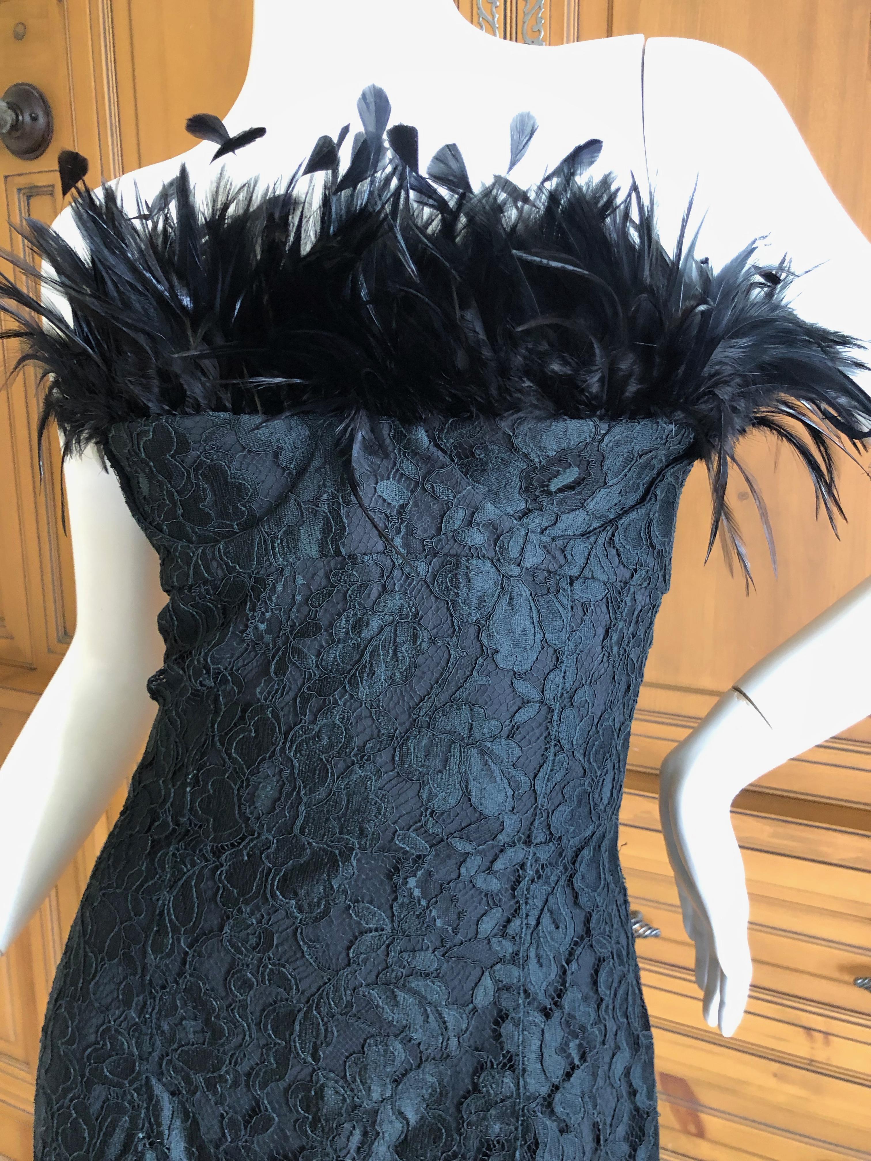 black strapless dress with feathers