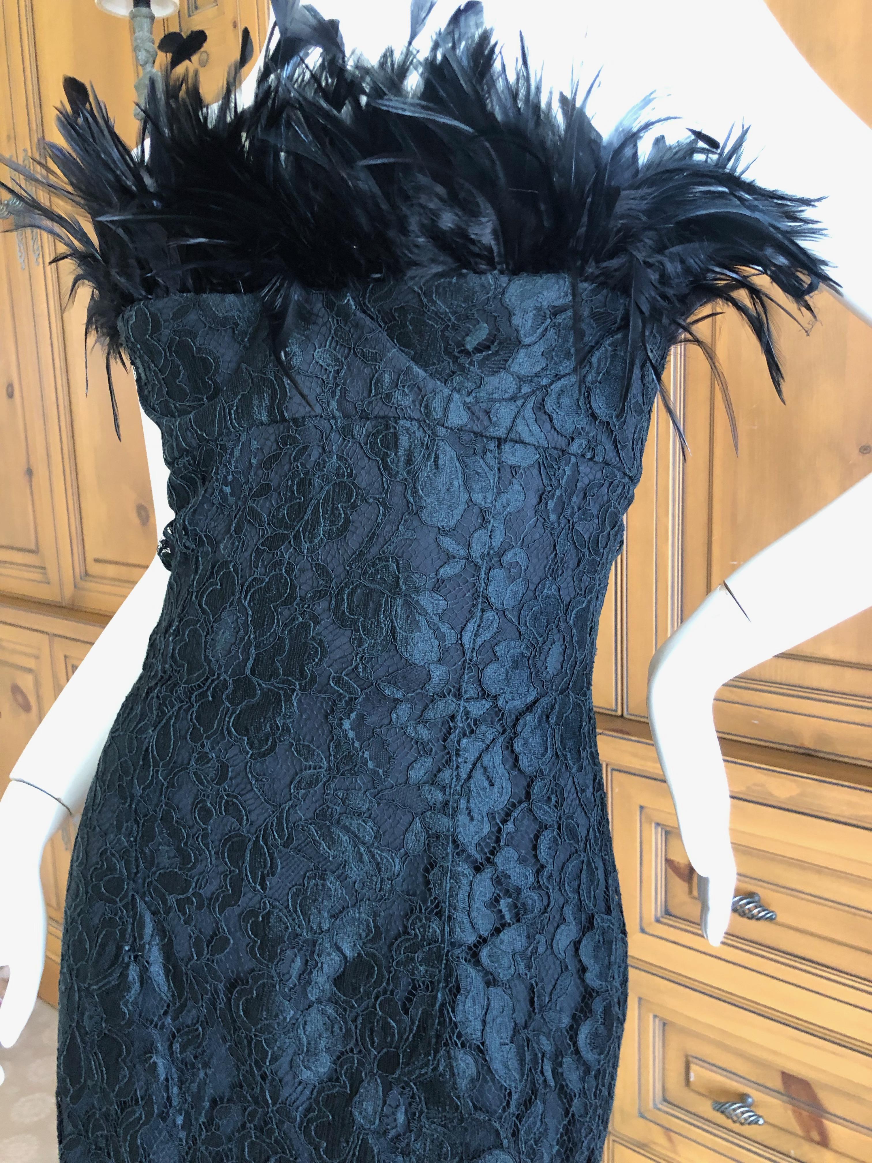 Yves Saint Laurent Rive Gauche Black Lace Strapless Mini Dress with Feather Bust In Excellent Condition For Sale In Cloverdale, CA