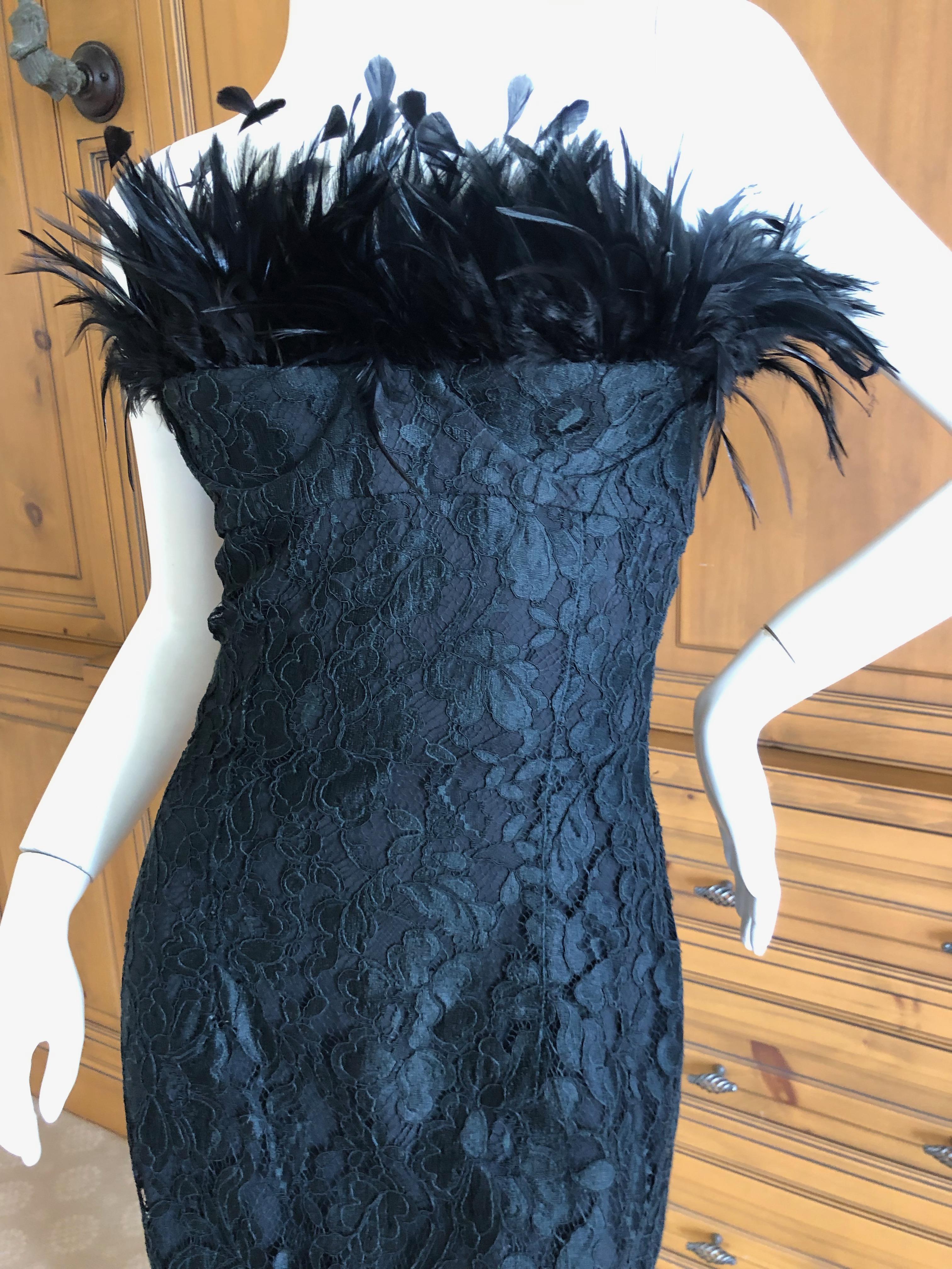 Women's Yves Saint Laurent Rive Gauche Black Lace Strapless Mini Dress with Feather Bust For Sale