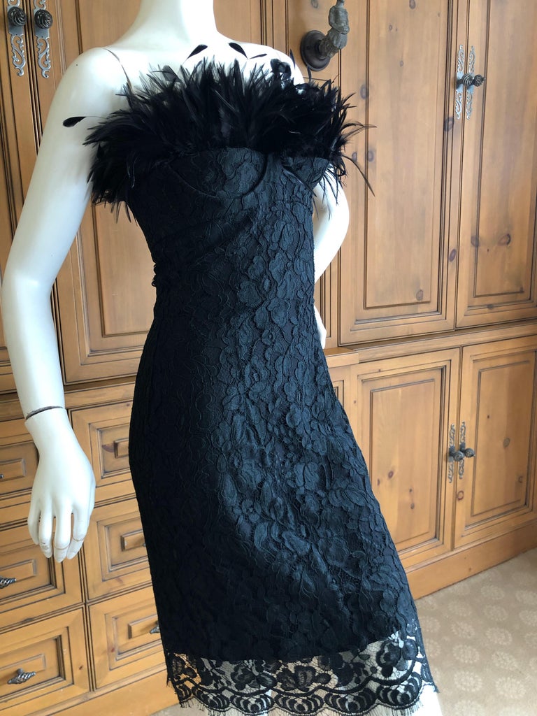 Yves Saint Laurent Rive Gauche Black Lace Strapless Mini Dress with Feather Bust For Sale at 1stDibs