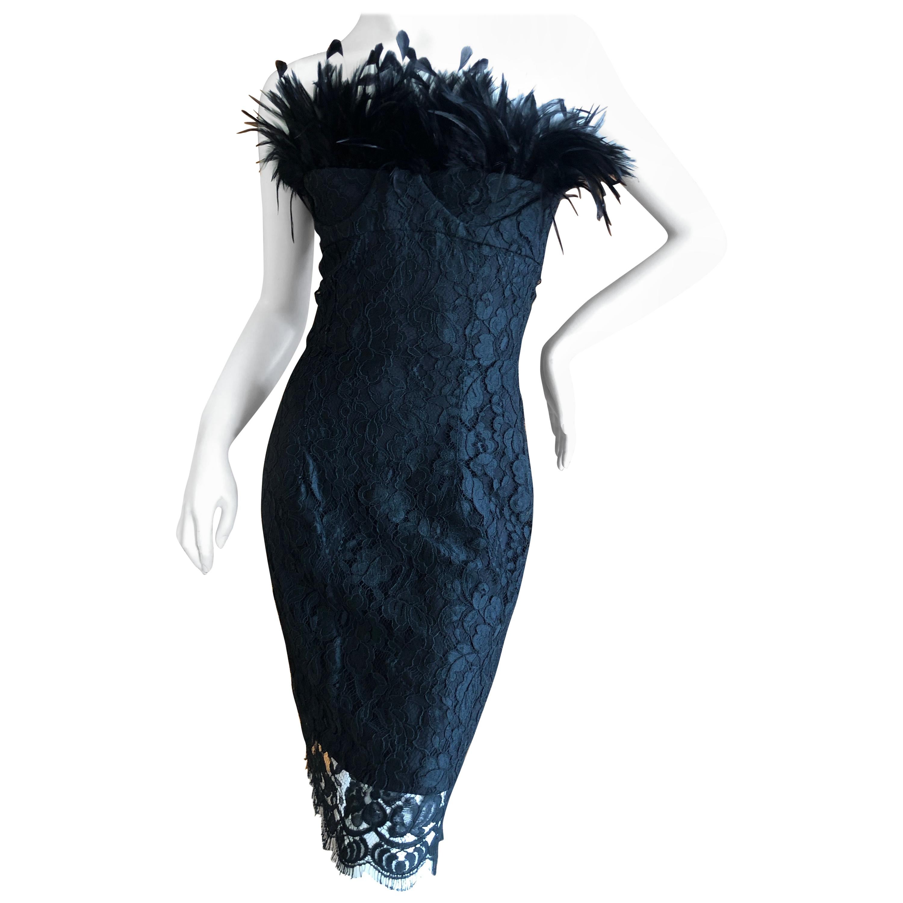 Yves Saint Laurent Rive Gauche Black Lace Strapless Mini Dress with Feather Bust For Sale