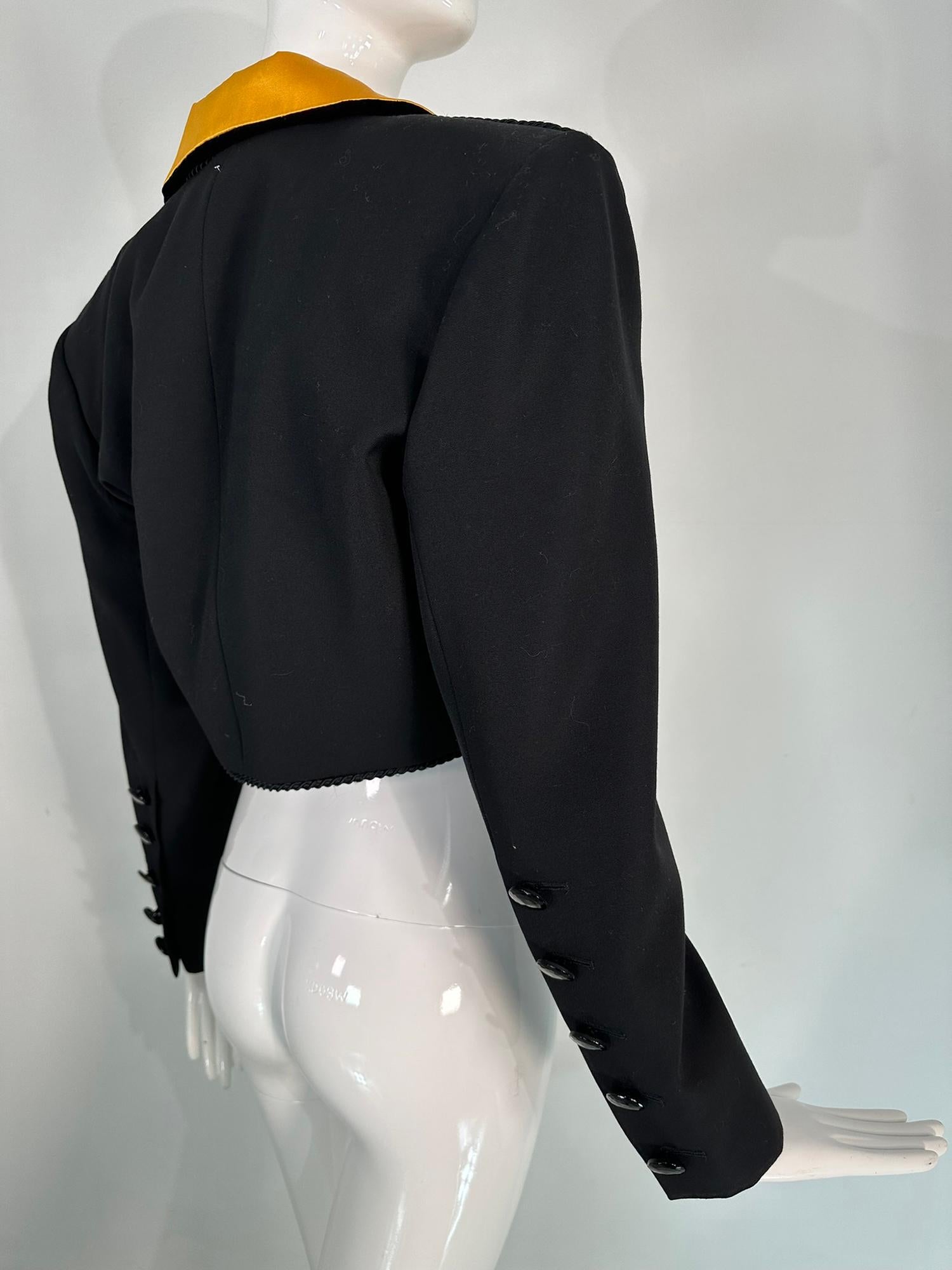 Yves Saint Laurent Rive Gauche Black Sequin Yellow Satin Cropped Jacket 1990s For Sale 7