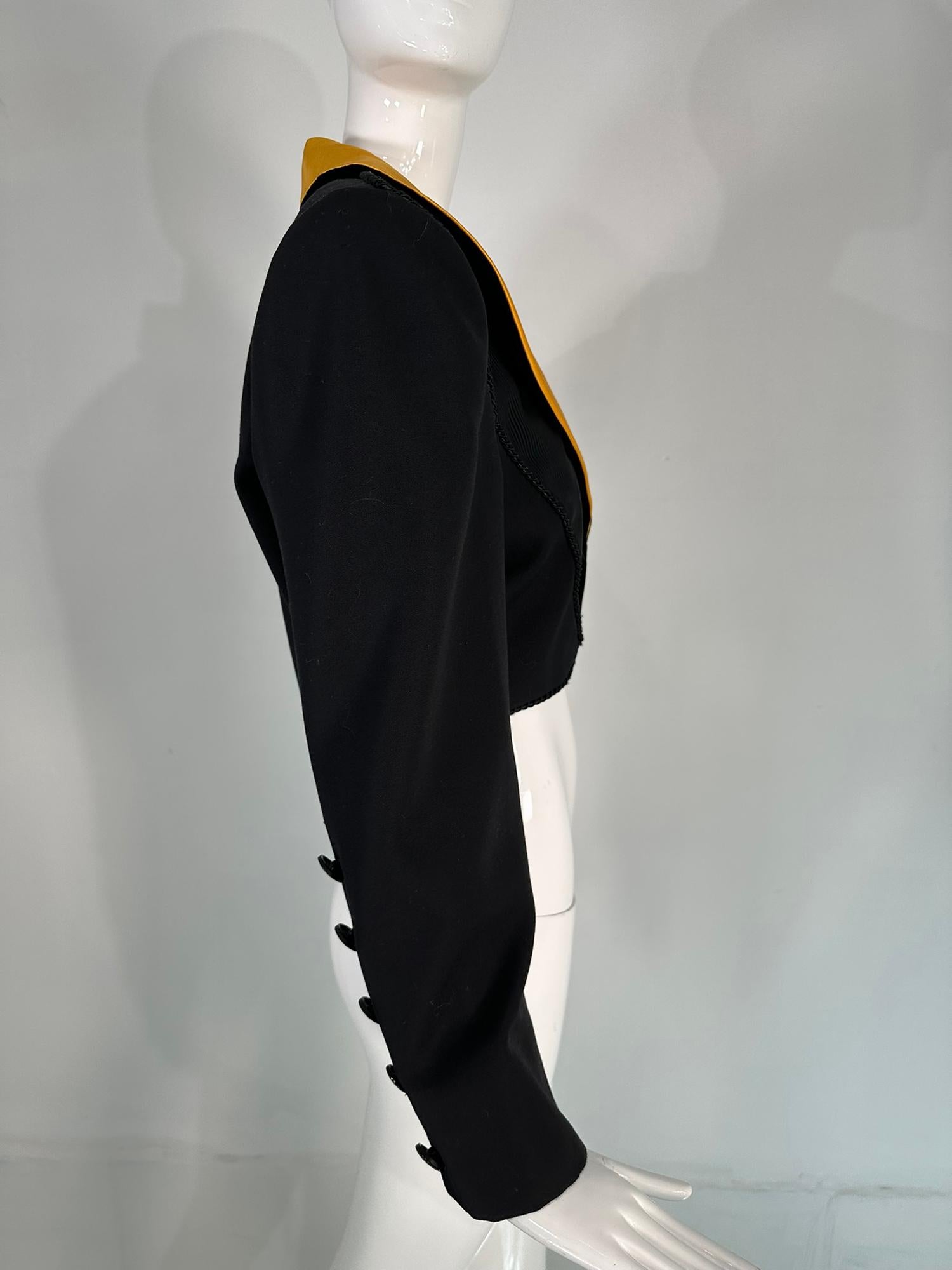Yves Saint Laurent Rive Gauche Black Sequin Yellow Satin Cropped Jacket 1990s For Sale 9