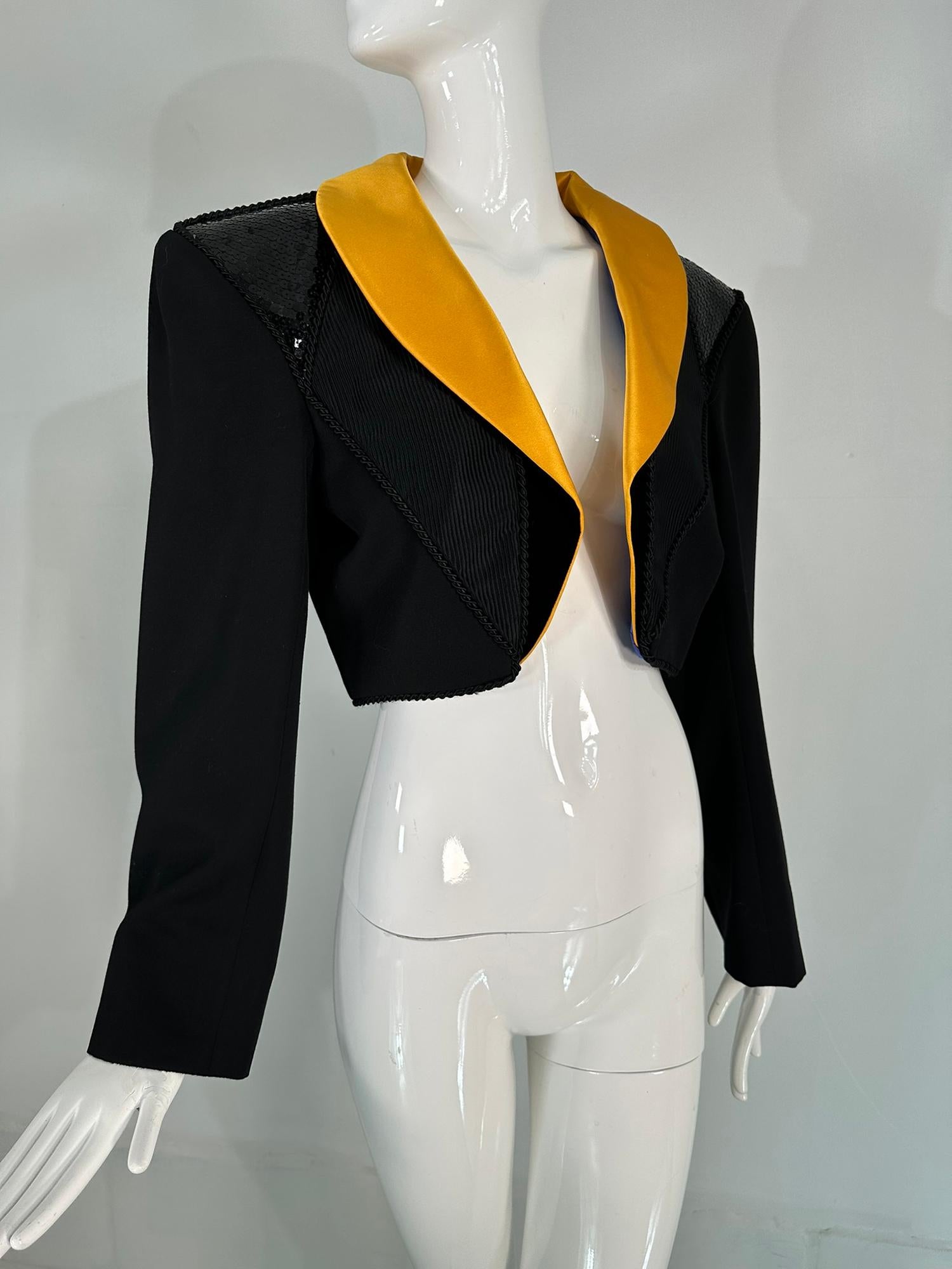 Yves Saint Laurent Rive Gauche Black Sequin Yellow Satin Cropped Jacket 1990s For Sale 10