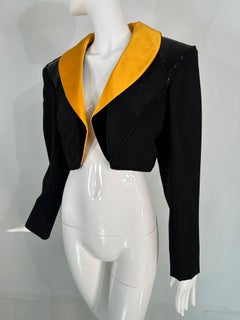 Yves Saint Laurent Rive Gauche Black Sequin Yellow Satin Cropped Jacket 1990s