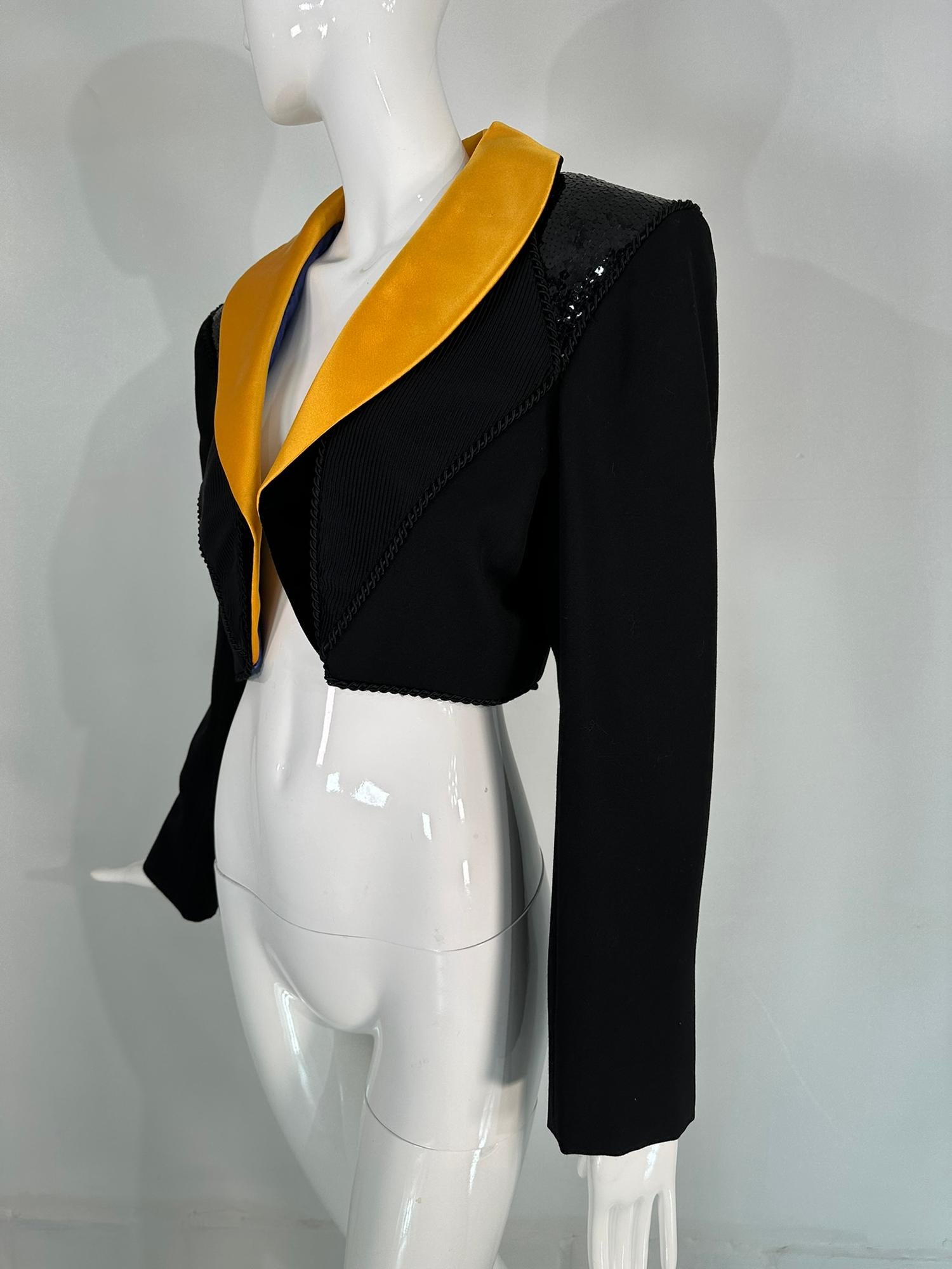Yves Saint Laurent Rive Gauche Black Sequin Yellow Satin Cropped Jacket 1990s In Good Condition For Sale In West Palm Beach, FL