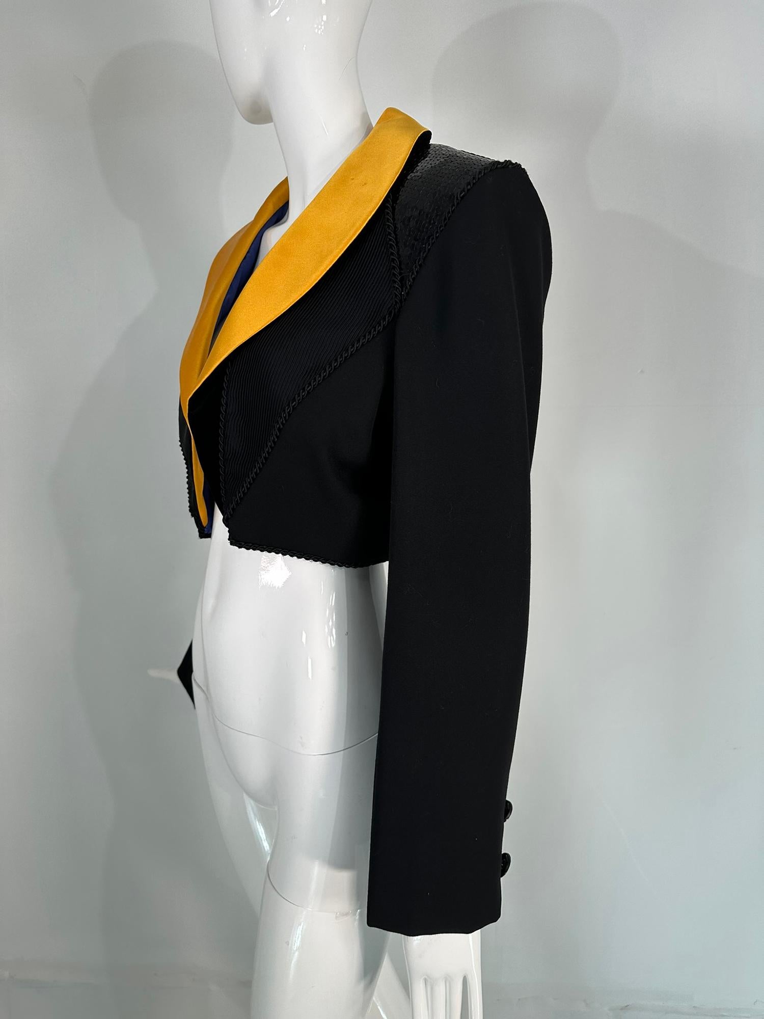 Women's Yves Saint Laurent Rive Gauche Black Sequin Yellow Satin Cropped Jacket 1990s For Sale