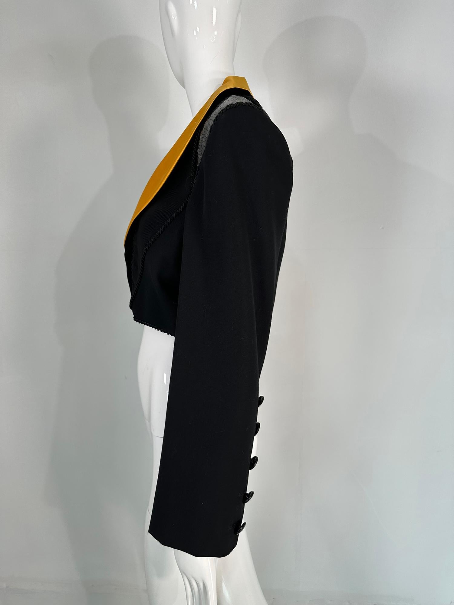 Yves Saint Laurent Rive Gauche Black Sequin Yellow Satin Cropped Jacket 1990s For Sale 1