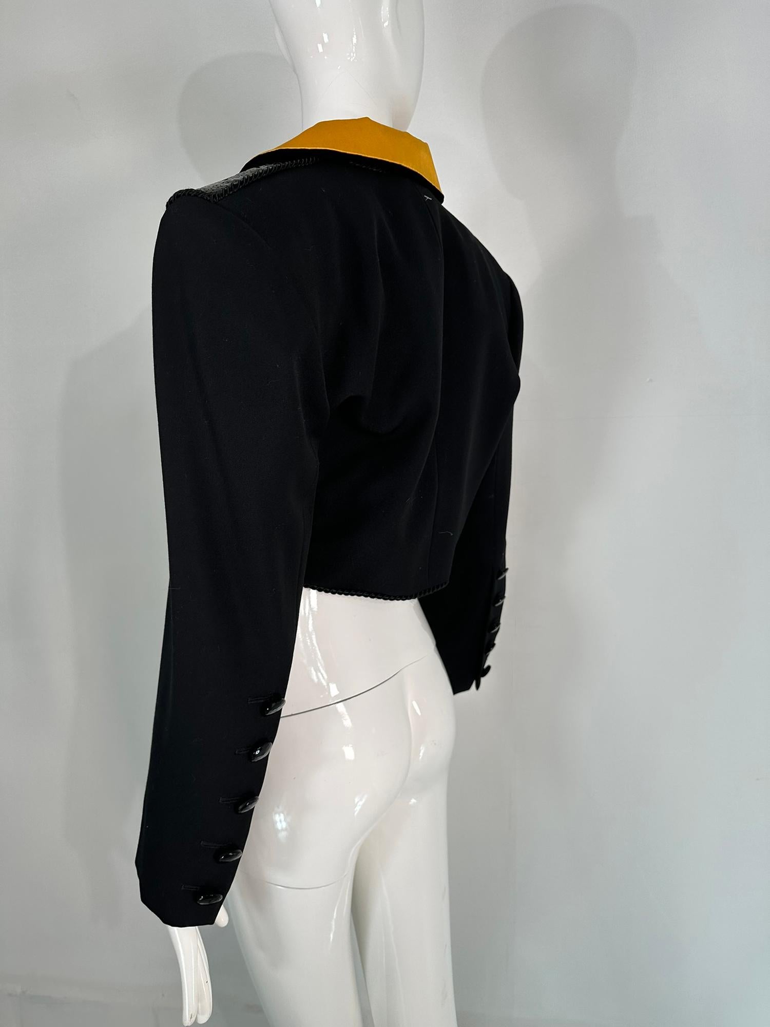 Yves Saint Laurent Rive Gauche Black Sequin Yellow Satin Cropped Jacket 1990s For Sale 3