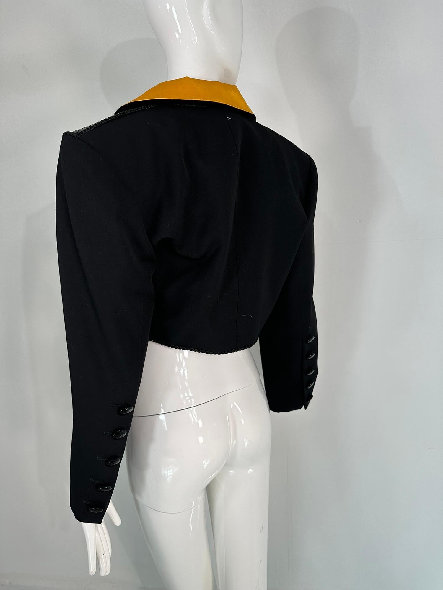Yves Saint Laurent Rive Gauche Black Sequin Yellow Satin Cropped Jacket 1990s For Sale 4