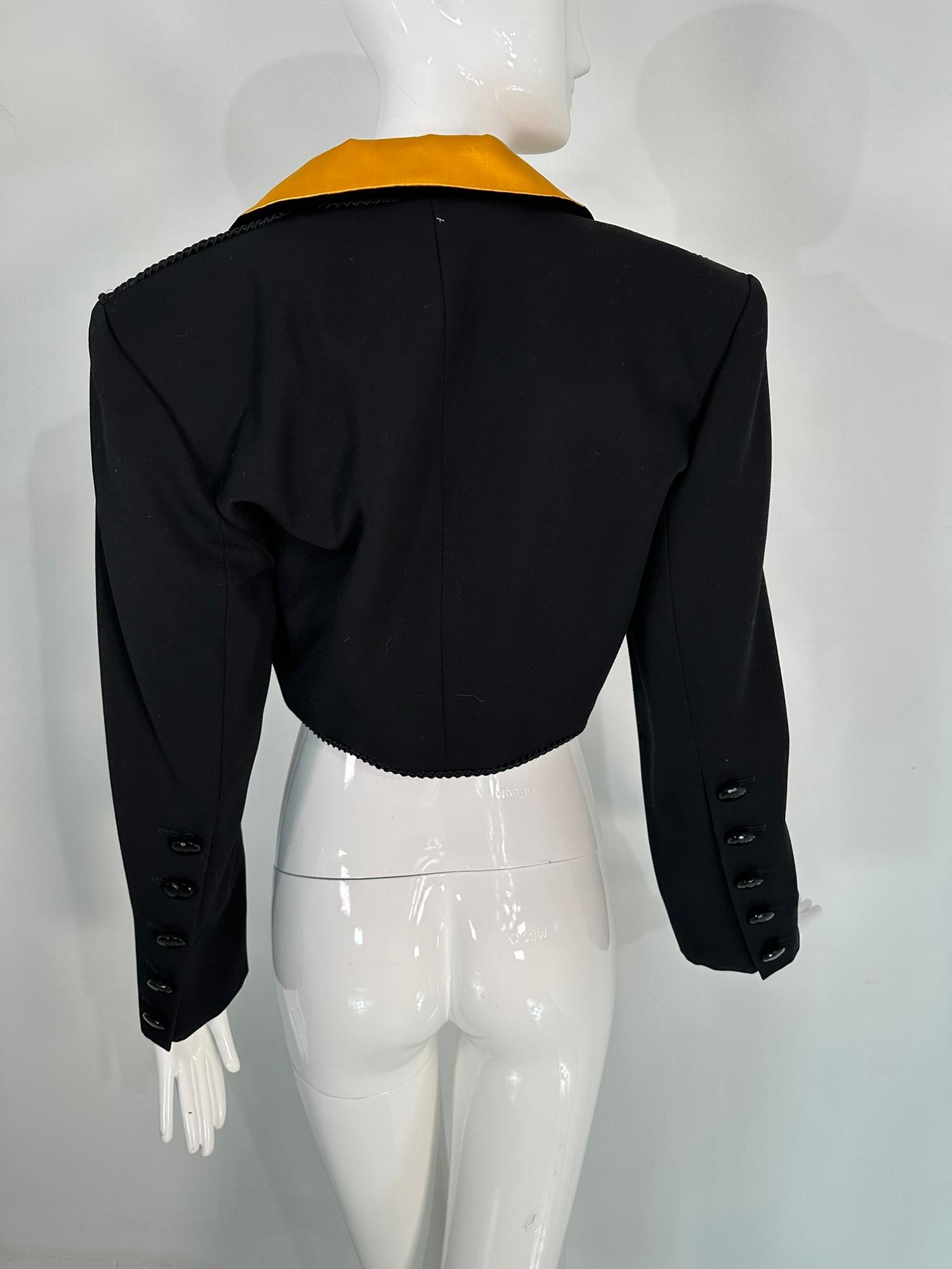 Yves Saint Laurent Rive Gauche Black Sequin Yellow Satin Cropped Jacket 1990s For Sale 5