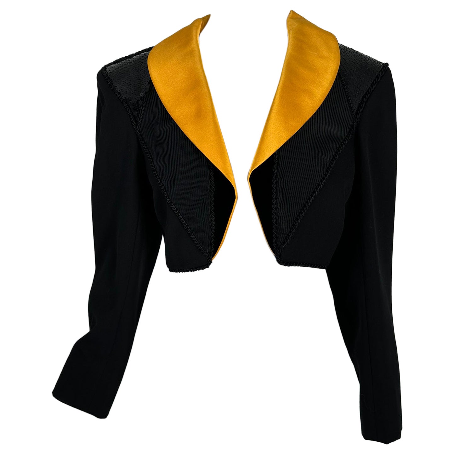 Yves Saint Laurent Rive Gauche Chaqueta recortada de satén amarillo y lentejuelas negras Años 90