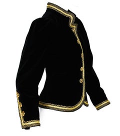 Yves Saint Laurent F/W 1990 Black Velvet Metallic Gold Trim Blazer French 36