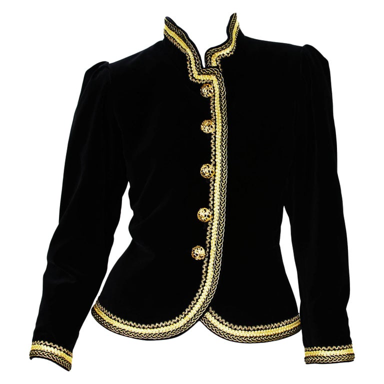 Yves Saint Laurent Rive Gauche Black Velvet Metallic Gold Trim Blazer  French 36 For Sale at 1stDibs