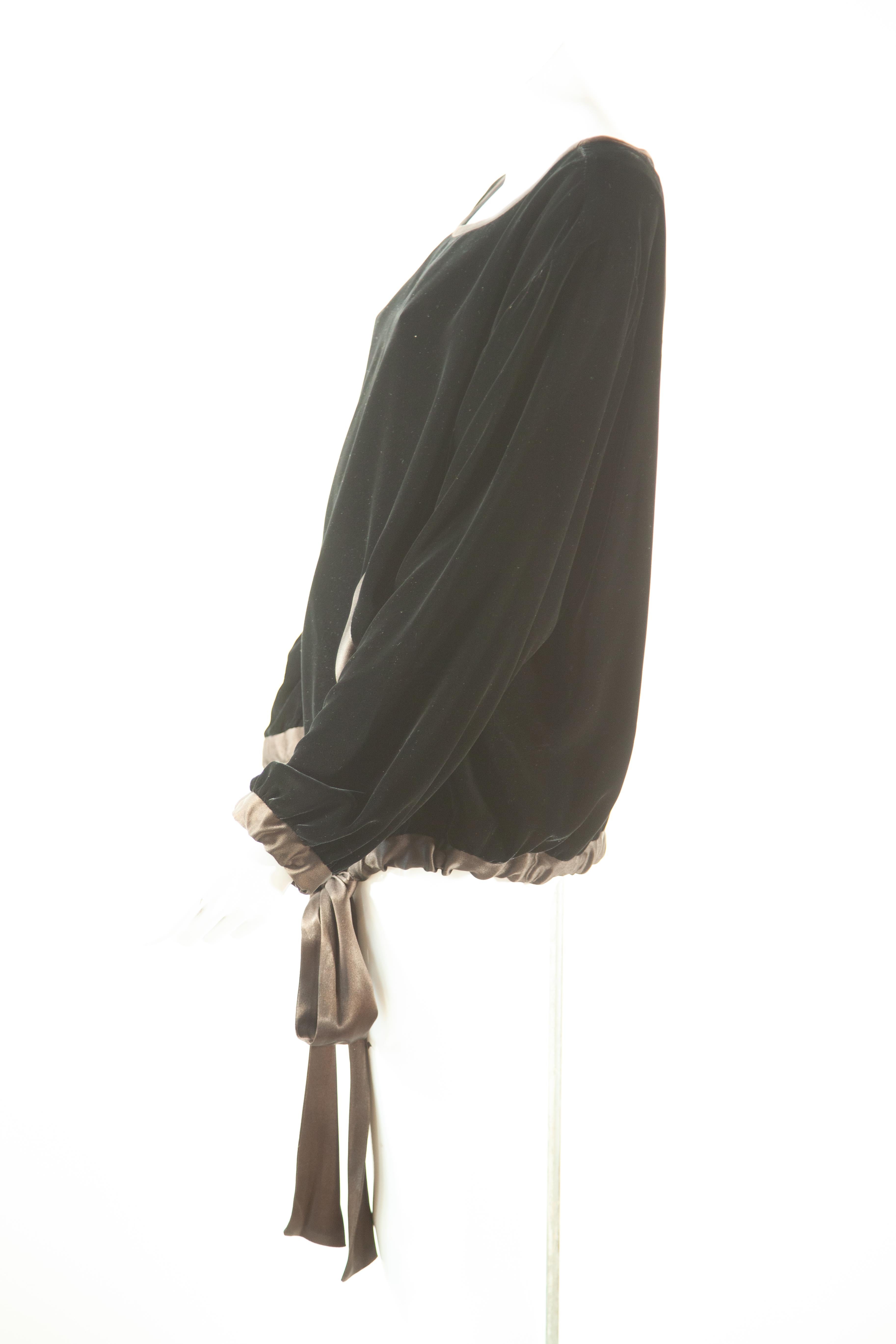 Yves Saint Laurent, black velvet top with side pockets and satin trim, satin tie waist

Sz 40