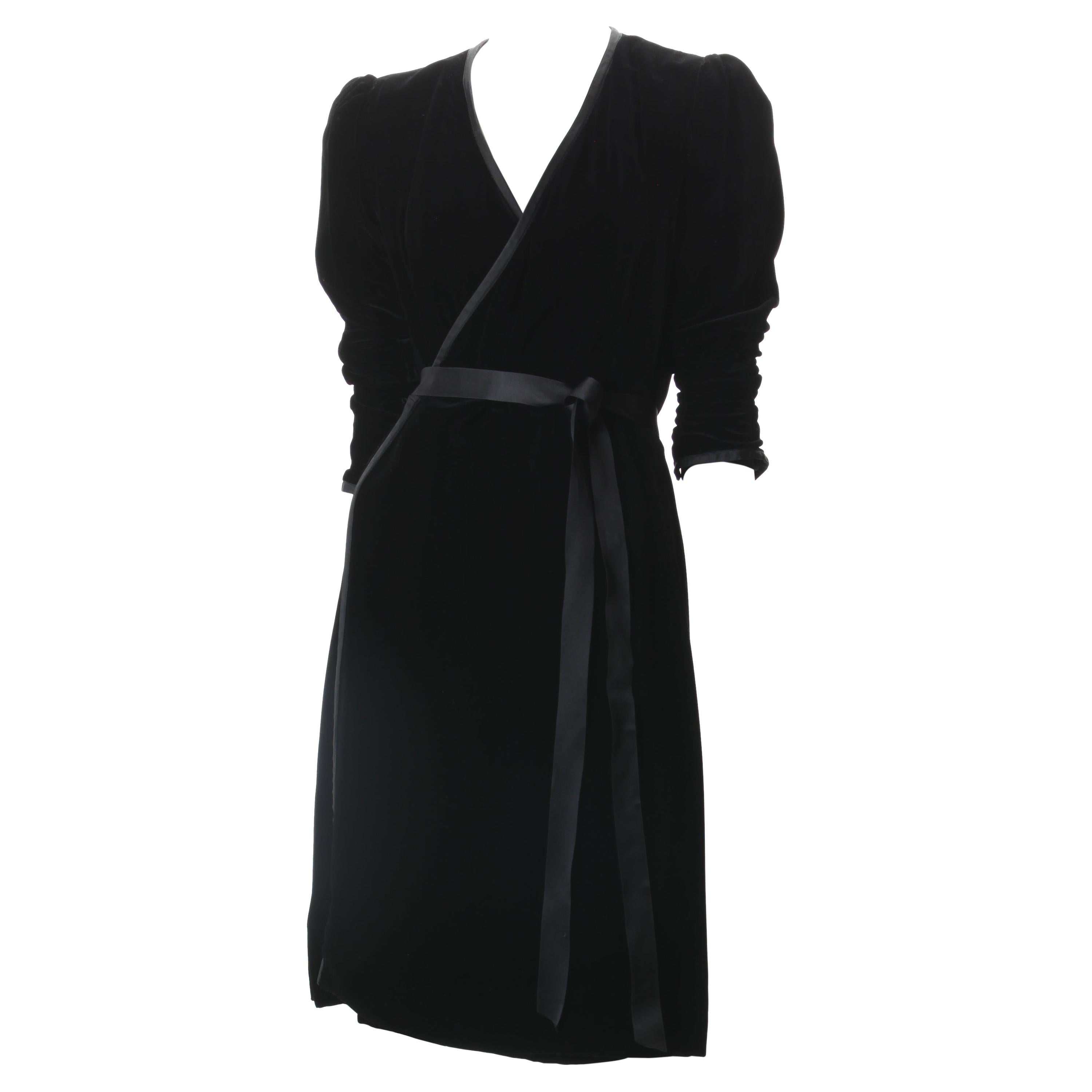 Yves Saint Laurent Rive Gauche Black Velvet Wrap Dress. c.1980s.