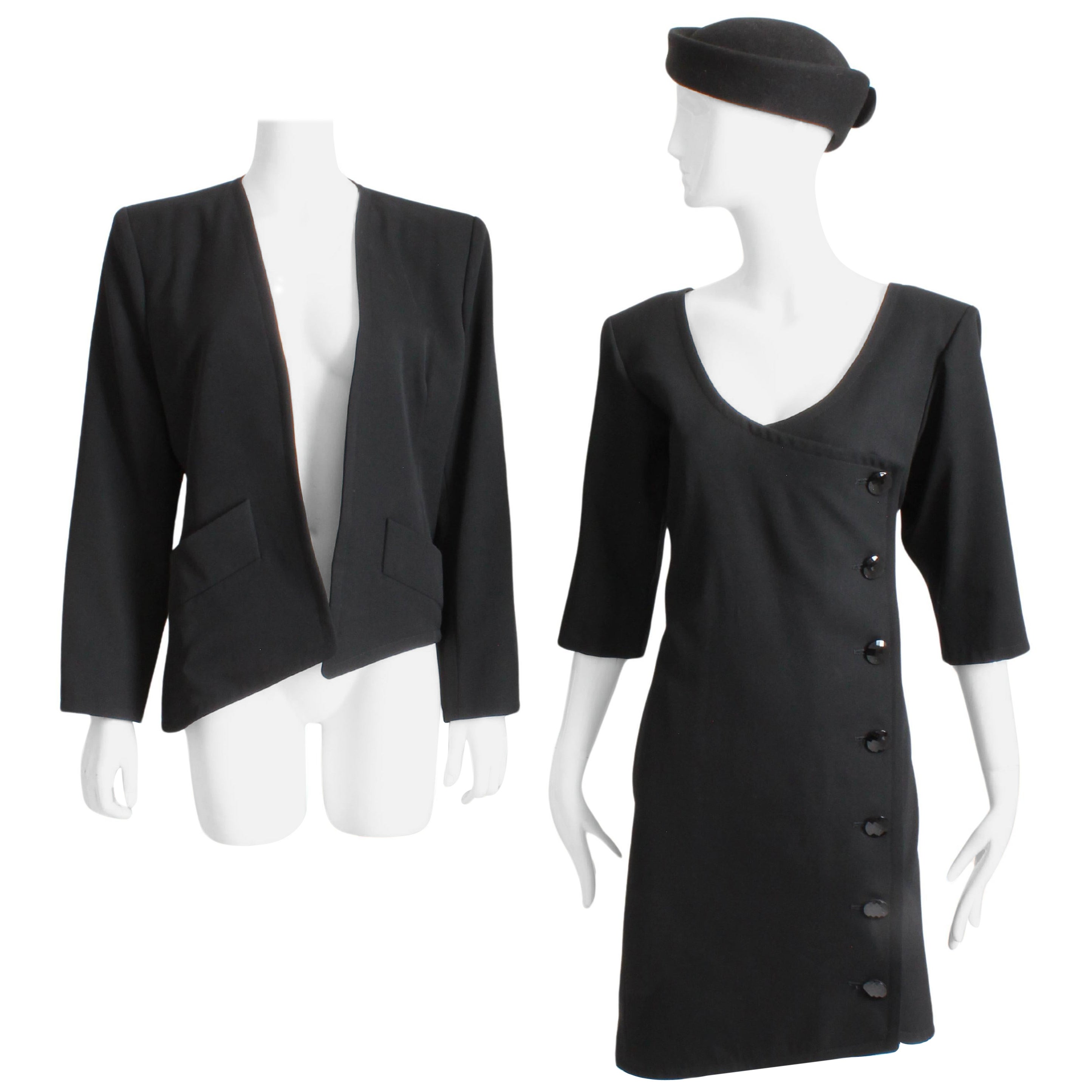 Yves Saint Laurent Rive Gauche Black Wool Dress 
Jacket 2pc Set 1990s Size 40 en venta