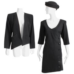 Yves Saint Laurent Rive Gauche Black Wool Dress 
Jacket 2pc Set 1990s Size 40