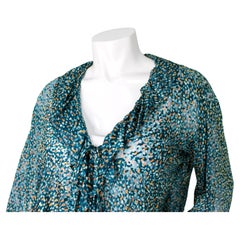 Yves Saint Laurent Rive Gauche Chemisier à cravate en jacquard de soie imprimé bleu circa 1970