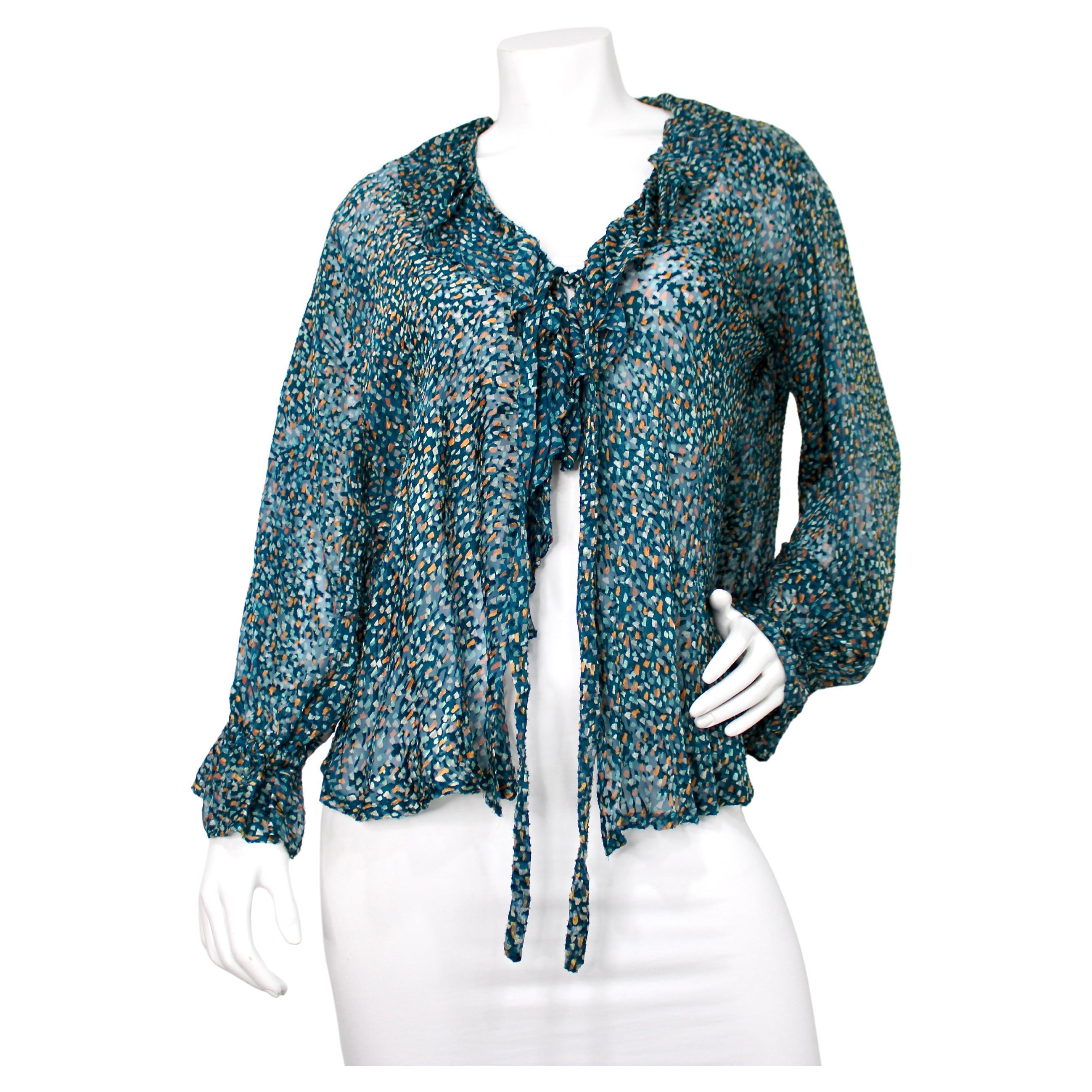 Yves Saint Laurent Rive Gauche Blaudruck Seiden-Jacquard-Krawattenbluse ca. 1970er Jahre