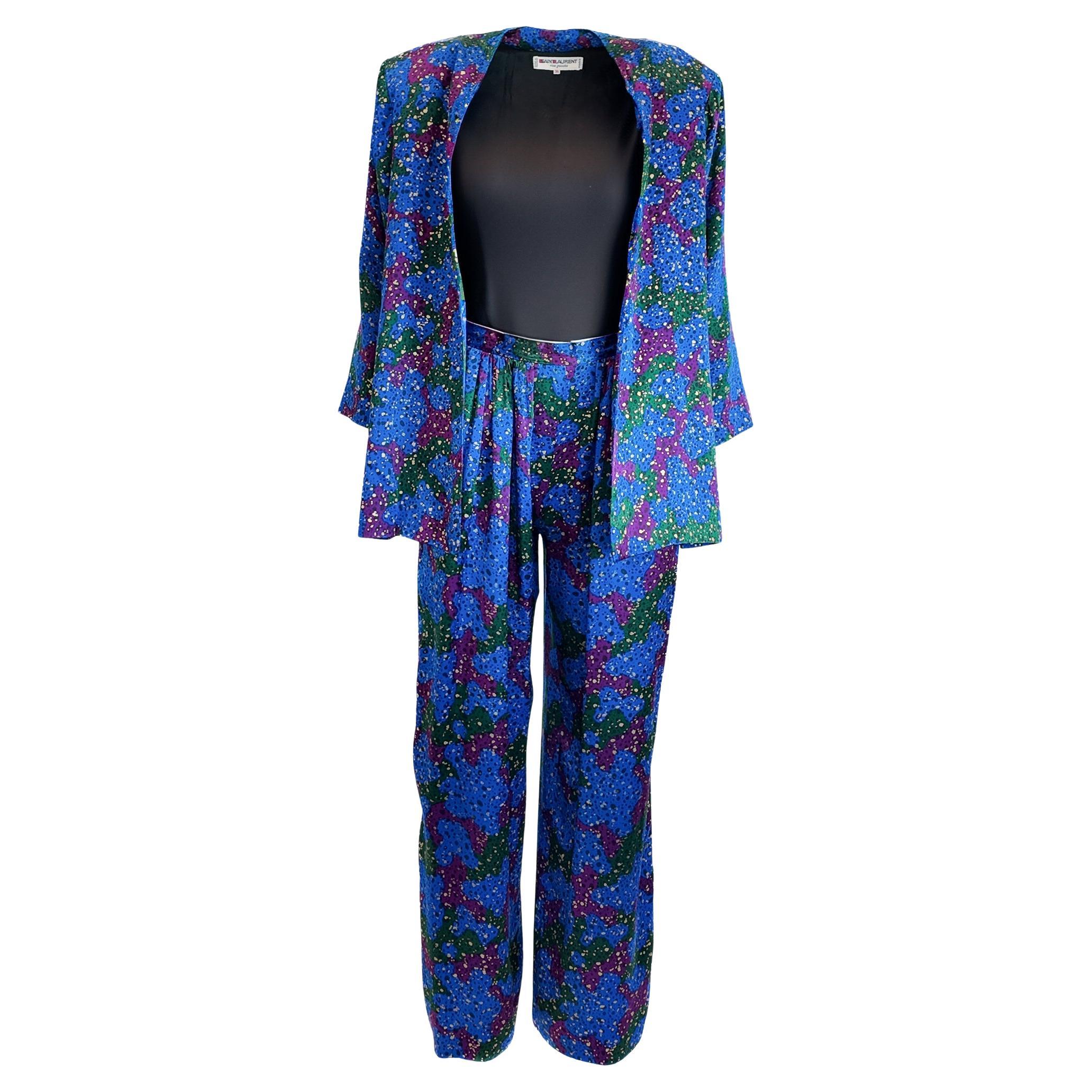 Conjunto de blazer y pantalón de seda estampada azul Yves Saint Laurent Rive Gauche