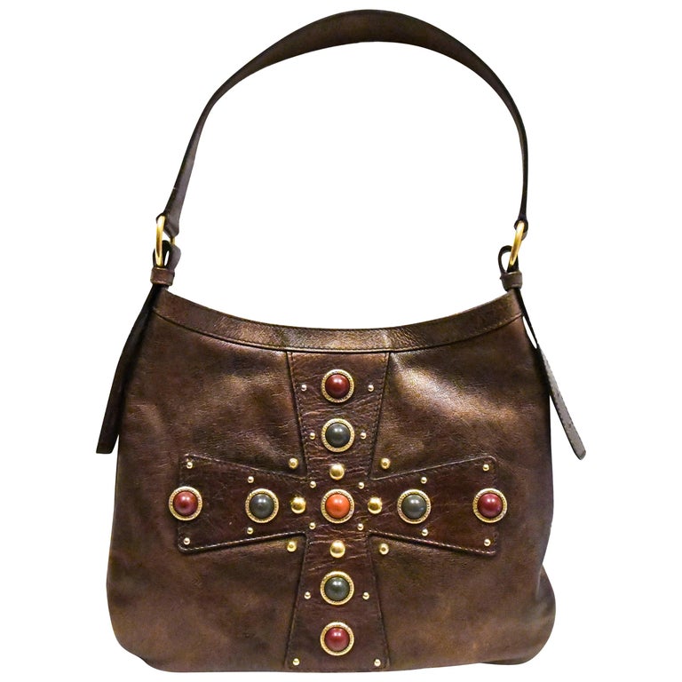Yves Saint Laurent Rive Gauche Brown Maltese Cross Cabochon
