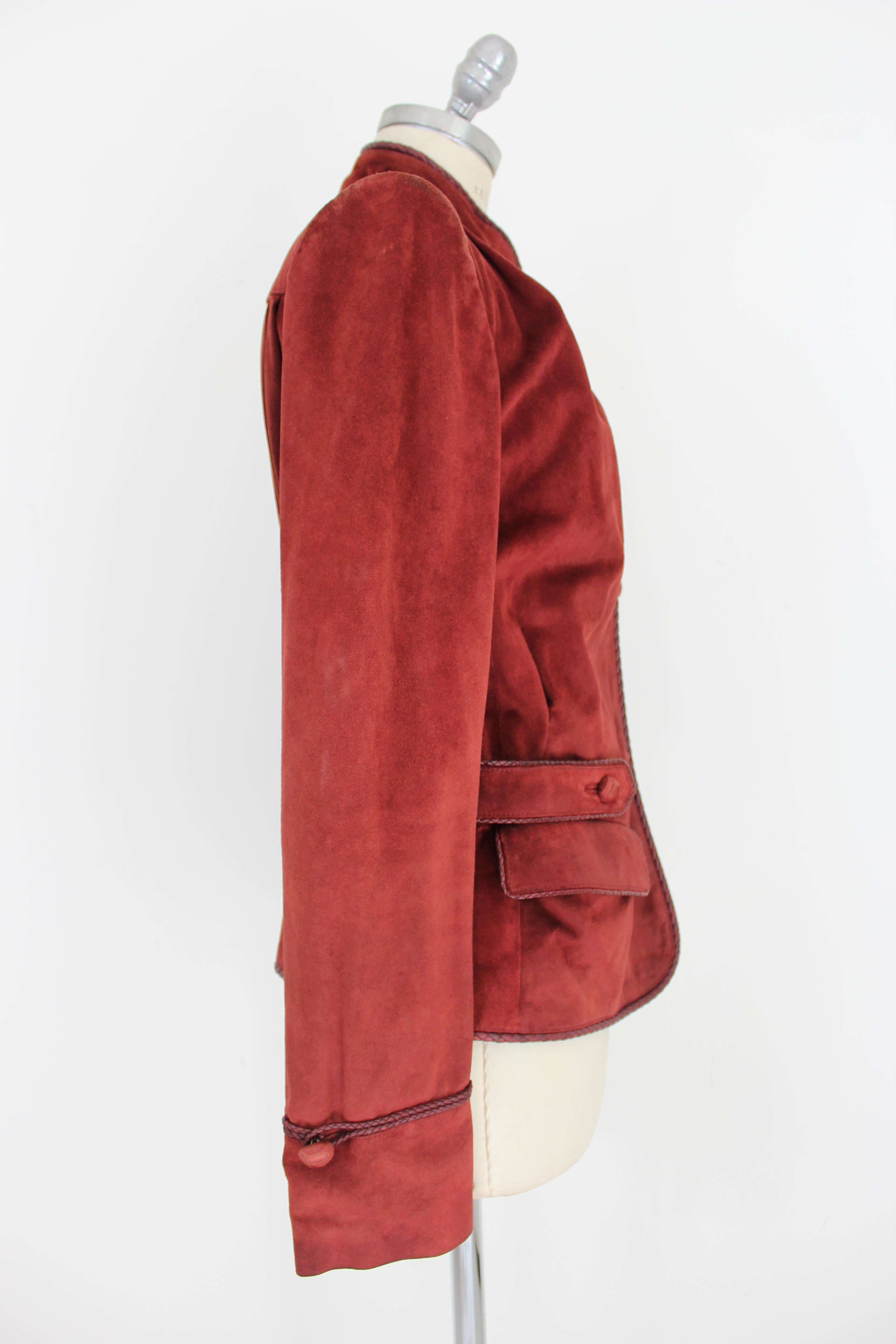 Red Yves Saint Laurent Rive Gauche Burgundy Leather Jacket 2000s Mandarin Collar