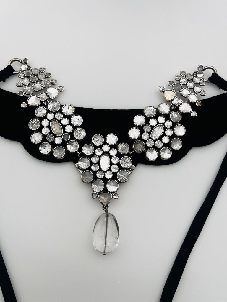 Saint Laurent ysl women\'s Black Velvet Choker necklace with Silver crystals Yves Saint Laurent Vintage AW 2002 by Tom Ford Distressed  main image 2