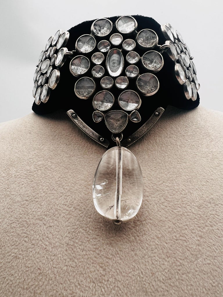 Saint Laurent ysl women\'s Black Velvet Choker necklace with Silver crystals Yves Saint Laurent Vintage AW 2002 by Tom Ford Distressed  main image 4